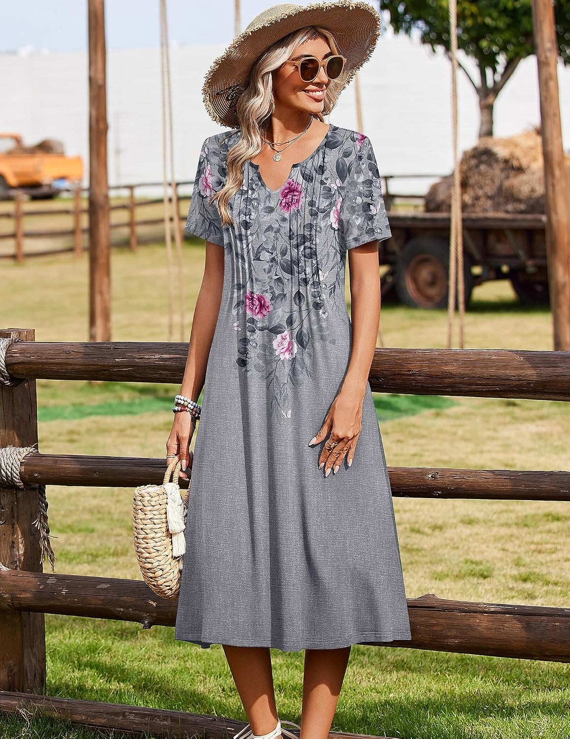 image:imageZeagoo Summer Dresses for Women 2026 Casual Short Sleeve Aline Midi Dress with Pocket Flowy Pleated Tshirt Beach SundressGrey Floral