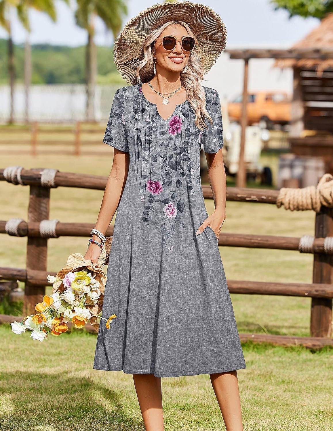 image:imageZeagoo Summer Dresses for Women 2026 Casual Short Sleeve Aline Midi Dress with Pocket Flowy Pleated Tshirt Beach SundressGrey Floral