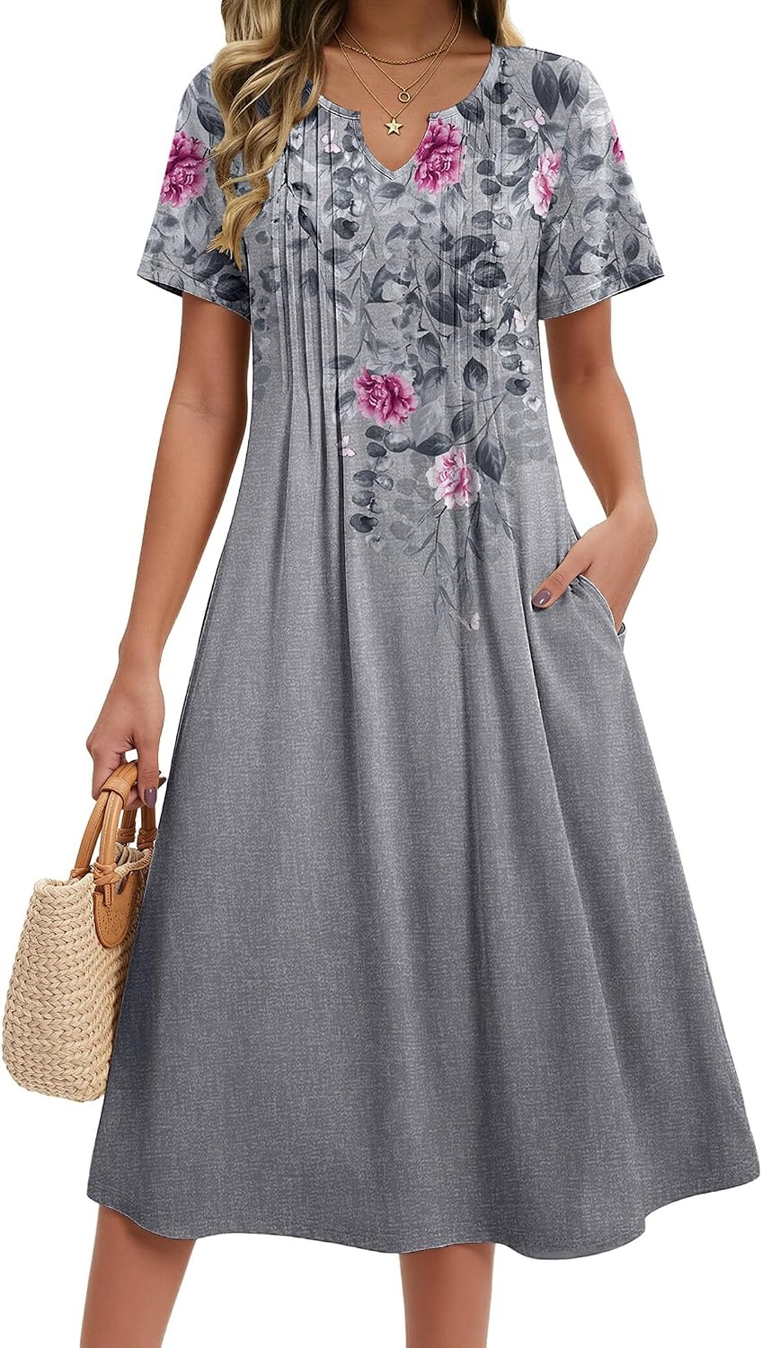 image:imageZeagoo Summer Dresses for Women 2026 Casual Short Sleeve Aline Midi Dress with Pocket Flowy Pleated Tshirt Beach SundressGrey Floral
