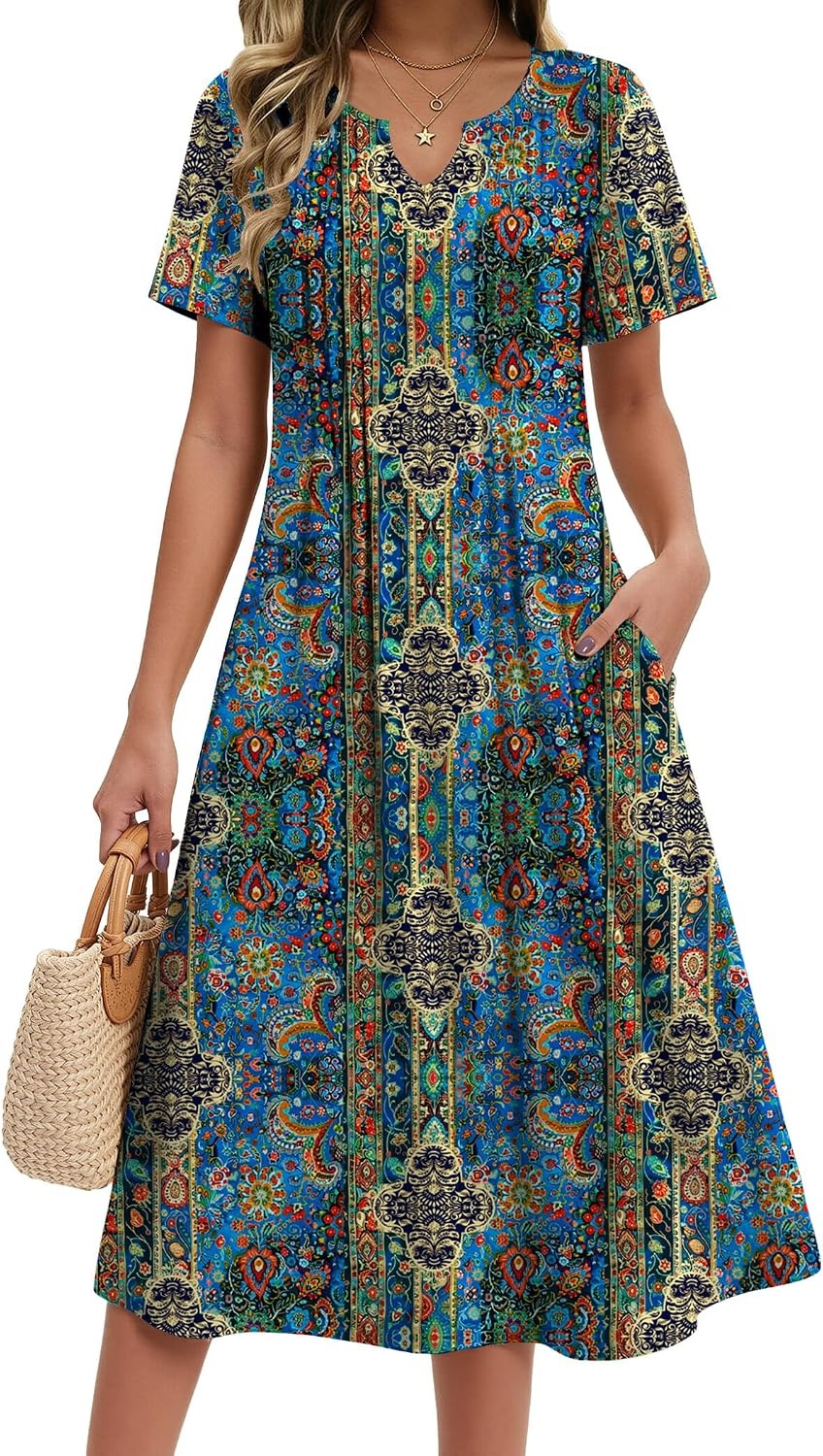 image:imageZeagoo Summer Dresses for Women 2026 Casual Short Sleeve Aline Midi Dress with Pocket Flowy Pleated Tshirt Beach SundressMz779
