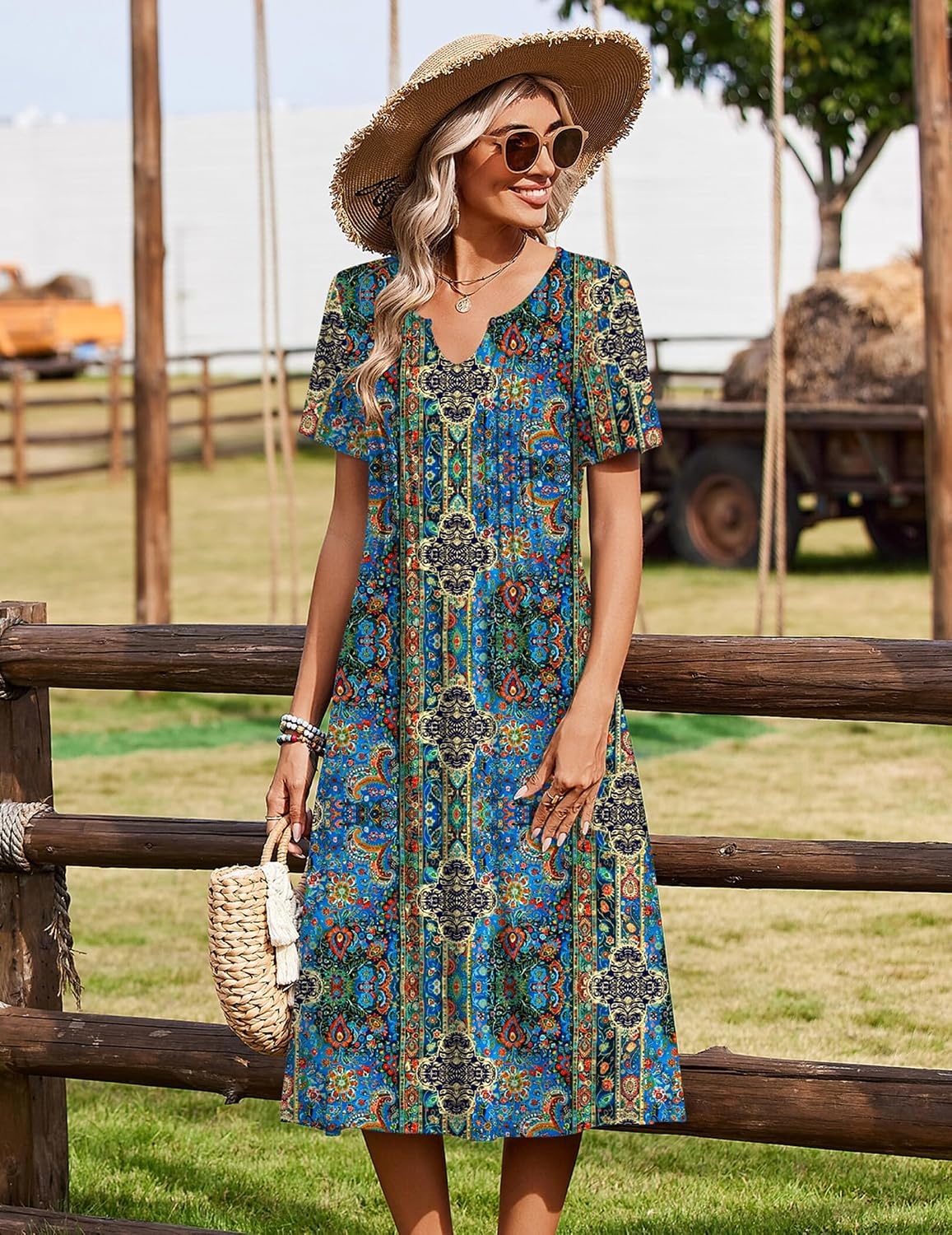 image:imageZeagoo Summer Dresses for Women 2026 Casual Short Sleeve Aline Midi Dress with Pocket Flowy Pleated Tshirt Beach SundressMz779