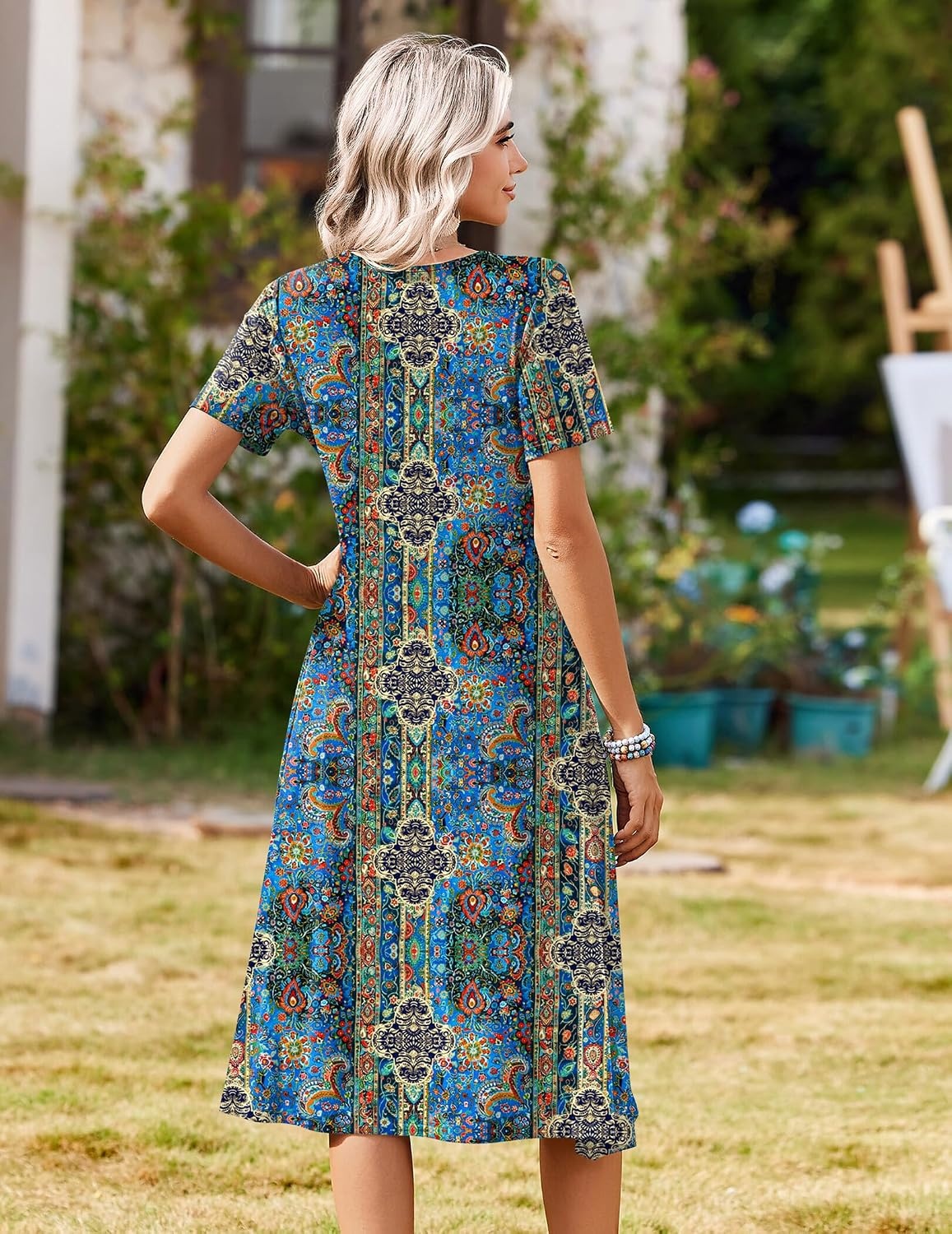 image:imageZeagoo Summer Dresses for Women 2026 Casual Short Sleeve Aline Midi Dress with Pocket Flowy Pleated Tshirt Beach SundressMz779