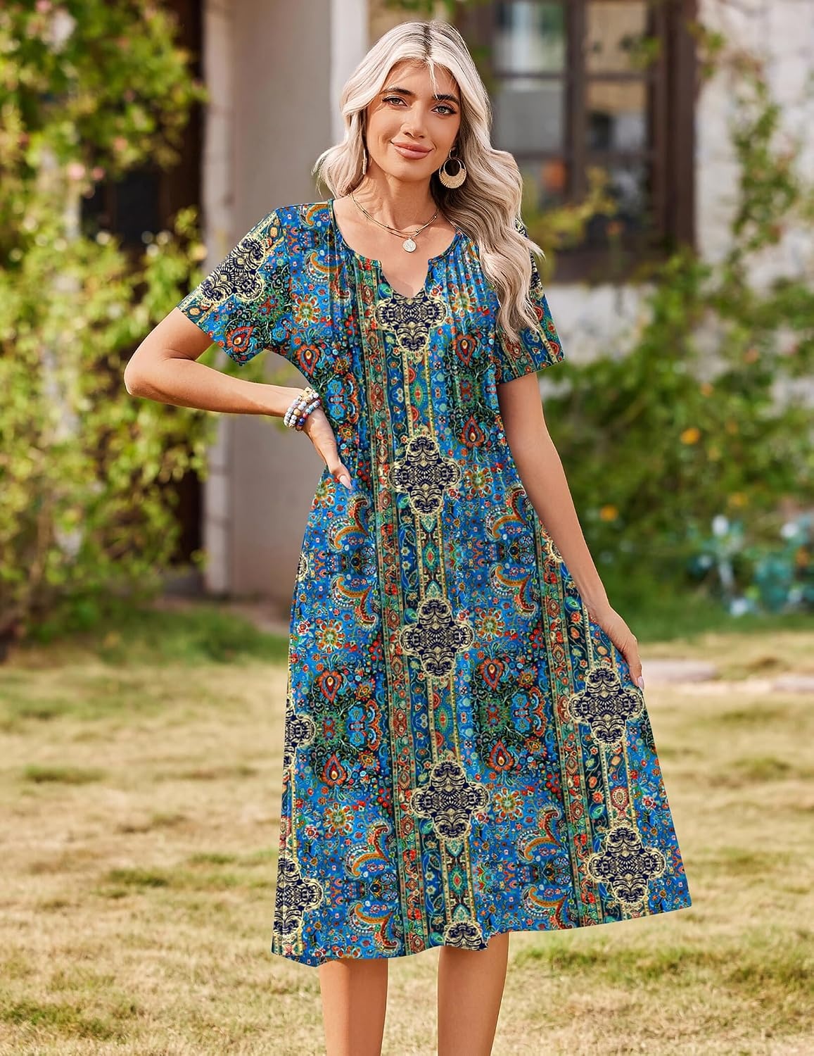 image:imageZeagoo Summer Dresses for Women 2026 Casual Short Sleeve Aline Midi Dress with Pocket Flowy Pleated Tshirt Beach SundressMz779