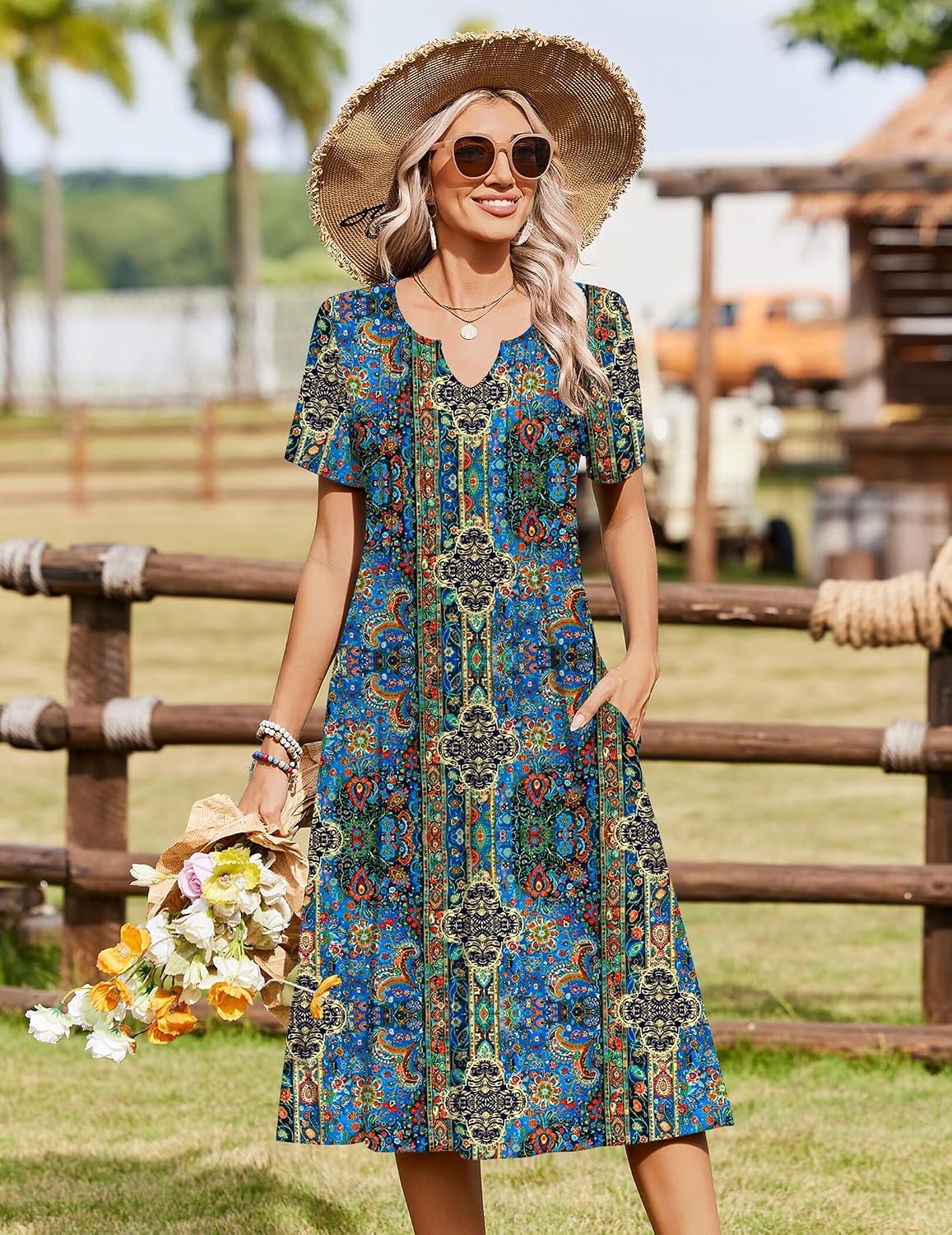 image:imageZeagoo Summer Dresses for Women 2026 Casual Short Sleeve Aline Midi Dress with Pocket Flowy Pleated Tshirt Beach SundressMz779