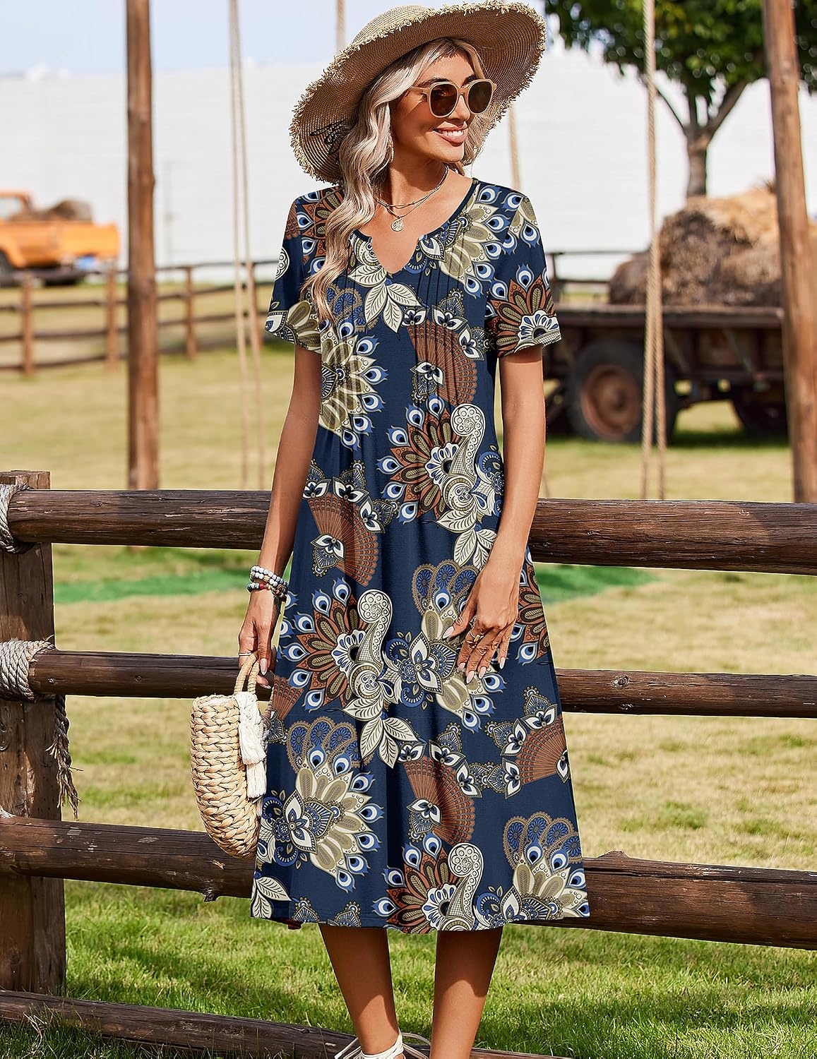 image:imageZeagoo Summer Dresses for Women 2026 Casual Short Sleeve Aline Midi Dress with Pocket Flowy Pleated Tshirt Beach SundressMz931