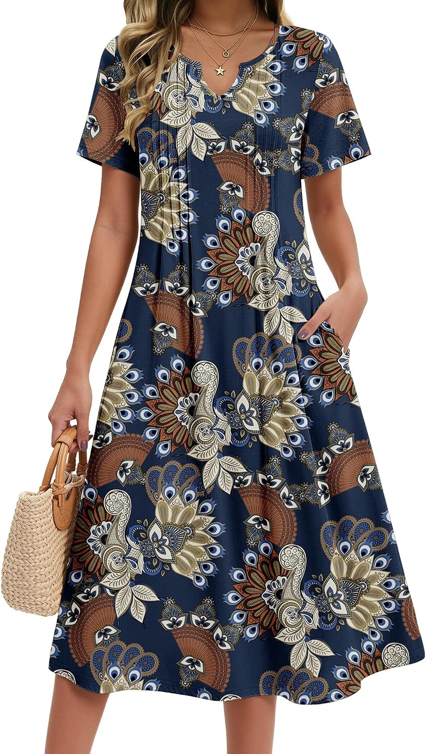 image:imageZeagoo Summer Dresses for Women 2026 Casual Short Sleeve Aline Midi Dress with Pocket Flowy Pleated Tshirt Beach SundressMz931