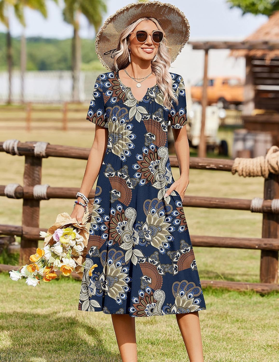 image:imageZeagoo Summer Dresses for Women 2026 Casual Short Sleeve Aline Midi Dress with Pocket Flowy Pleated Tshirt Beach SundressMz931