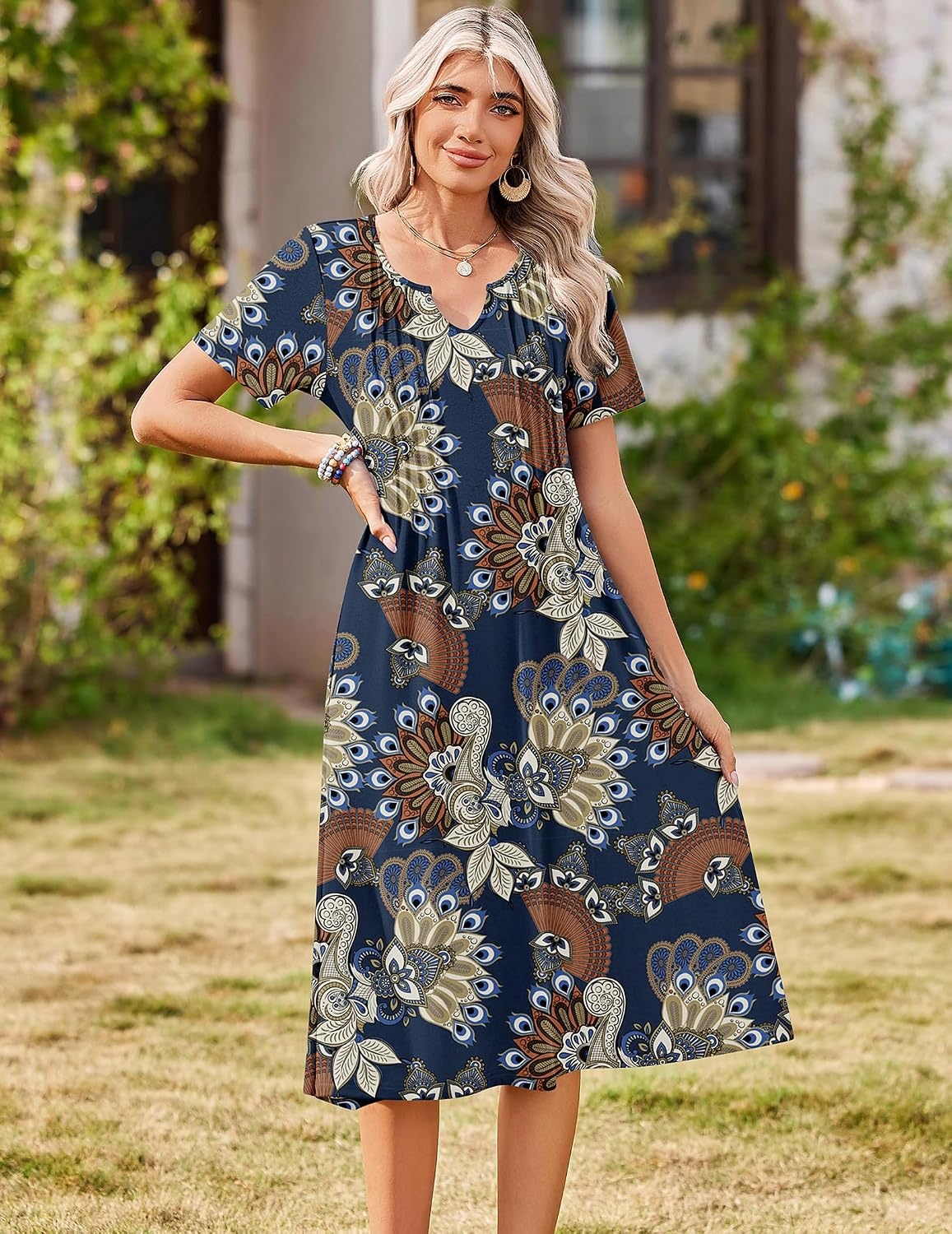 image:imageZeagoo Summer Dresses for Women 2026 Casual Short Sleeve Aline Midi Dress with Pocket Flowy Pleated Tshirt Beach SundressMz931
