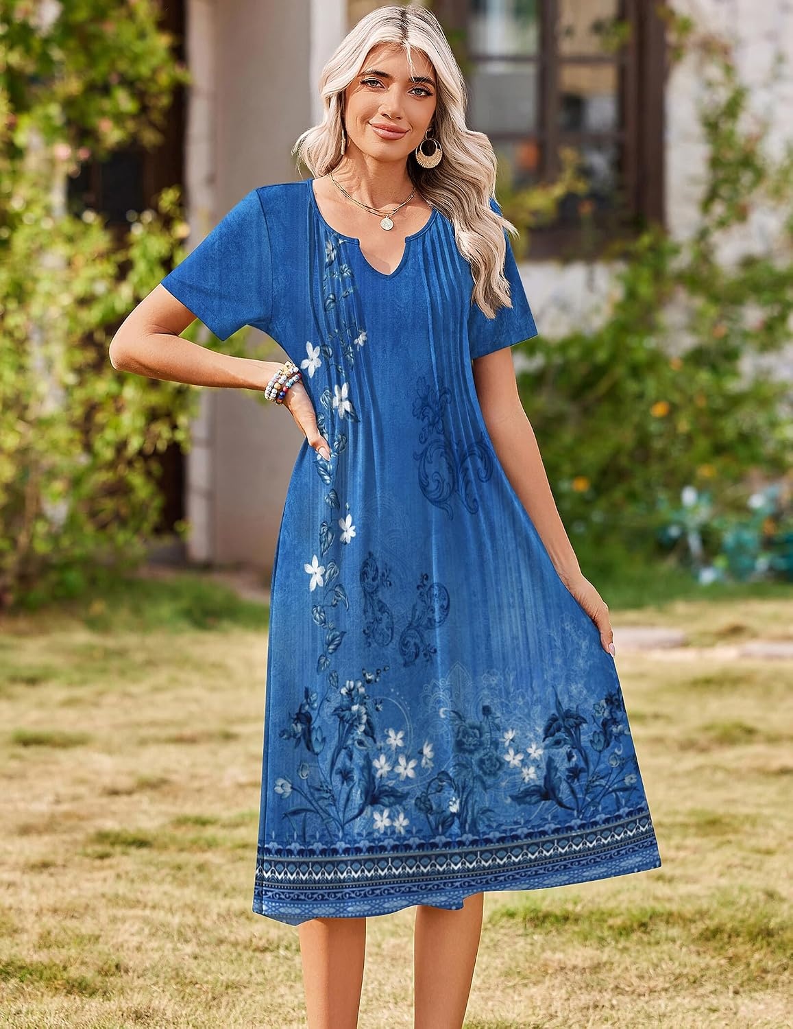 image:imageZeagoo Summer Dresses for Women 2026 Casual Short Sleeve Aline Midi Dress with Pocket Flowy Pleated Tshirt Beach SundressMz937