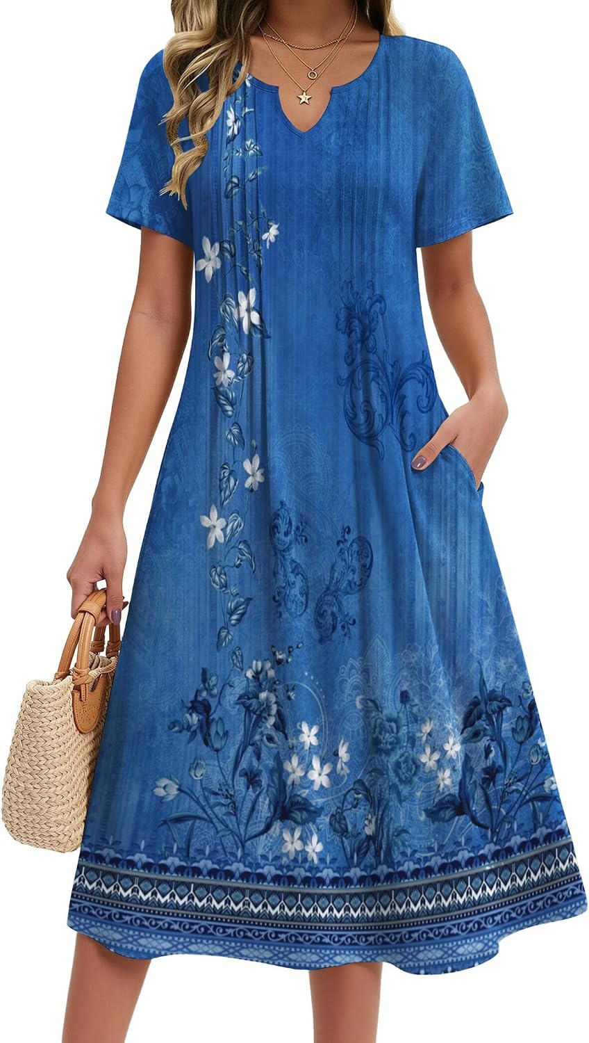 image:imageZeagoo Summer Dresses for Women 2026 Casual Short Sleeve Aline Midi Dress with Pocket Flowy Pleated Tshirt Beach SundressMz937