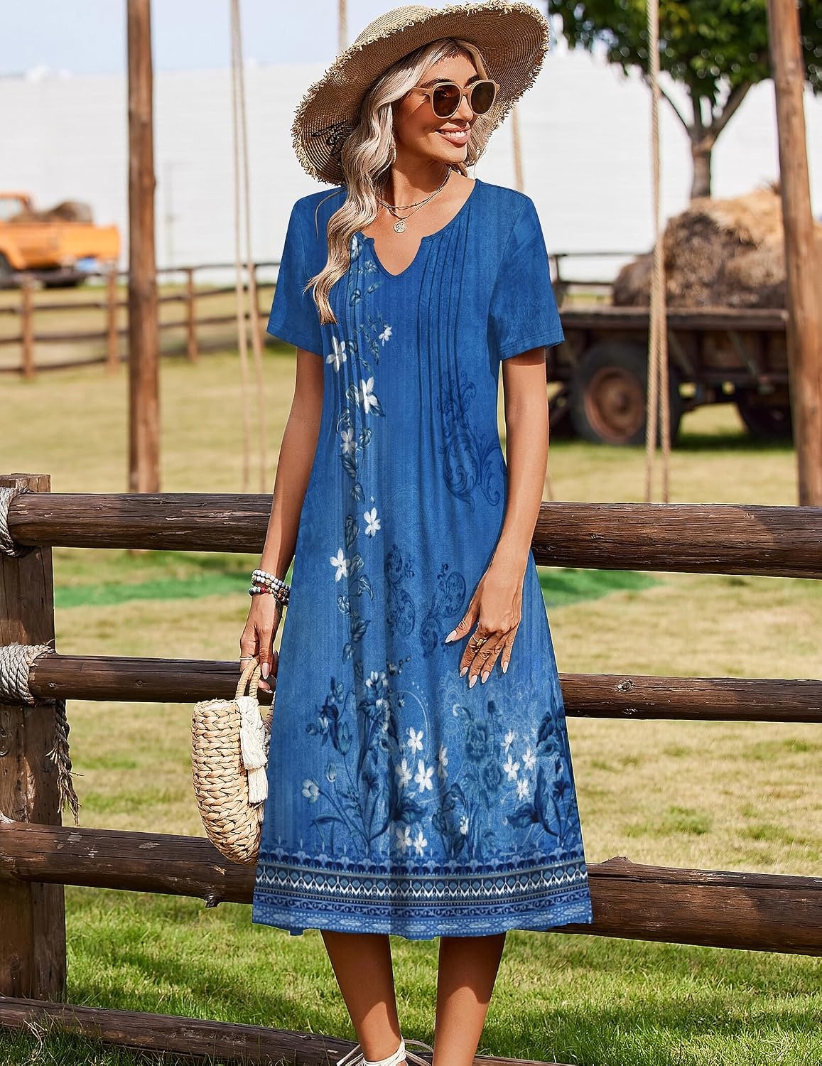 image:imageZeagoo Summer Dresses for Women 2026 Casual Short Sleeve Aline Midi Dress with Pocket Flowy Pleated Tshirt Beach SundressMz937