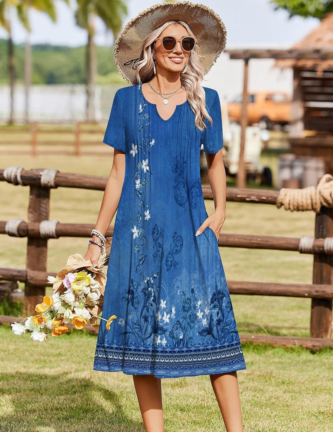 image:imageZeagoo Summer Dresses for Women 2026 Casual Short Sleeve Aline Midi Dress with Pocket Flowy Pleated Tshirt Beach SundressMz937