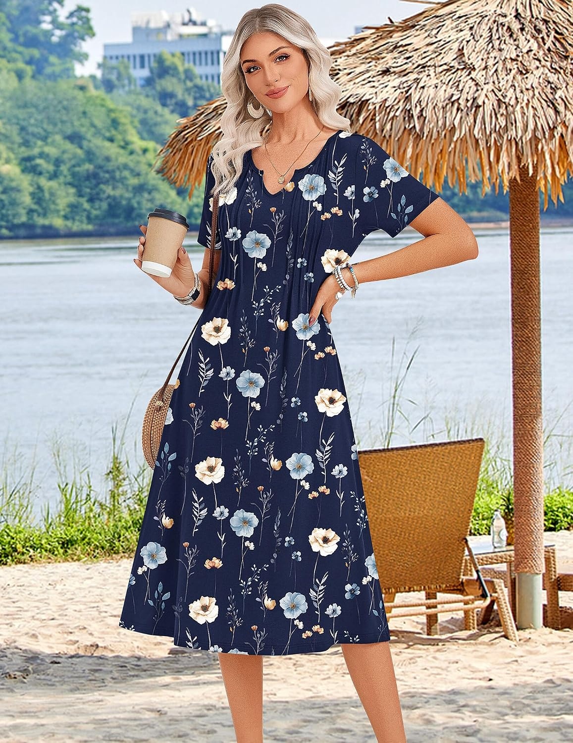 image:imageZeagoo Summer Dresses for Women 2026 Casual Short Sleeve Aline Midi Dress with Pocket Flowy Pleated Tshirt Beach SundressNavy Blue Print