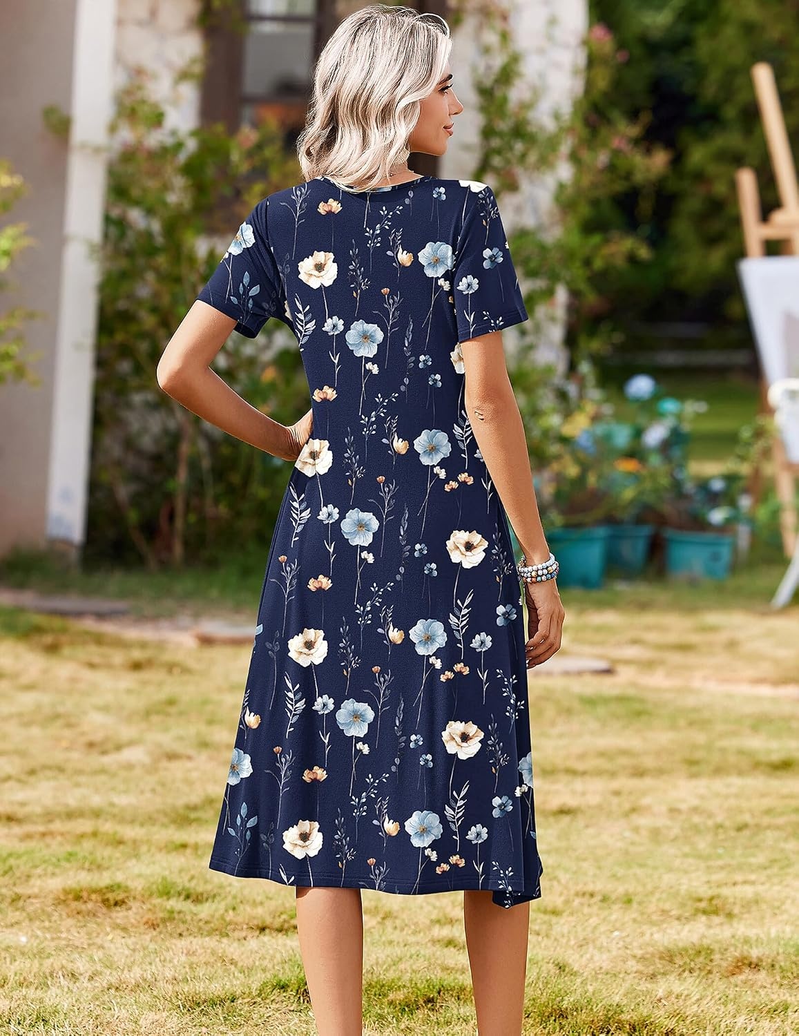 image:imageZeagoo Summer Dresses for Women 2026 Casual Short Sleeve Aline Midi Dress with Pocket Flowy Pleated Tshirt Beach SundressNavy Blue Print