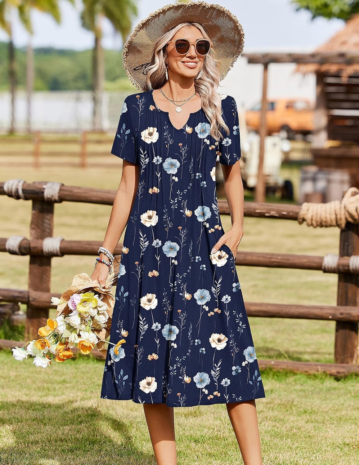 image:imageZeagoo Summer Dresses for Women 2026 Casual Short Sleeve Aline Midi Dress with Pocket Flowy Pleated Tshirt Beach SundressNavy Blue Print