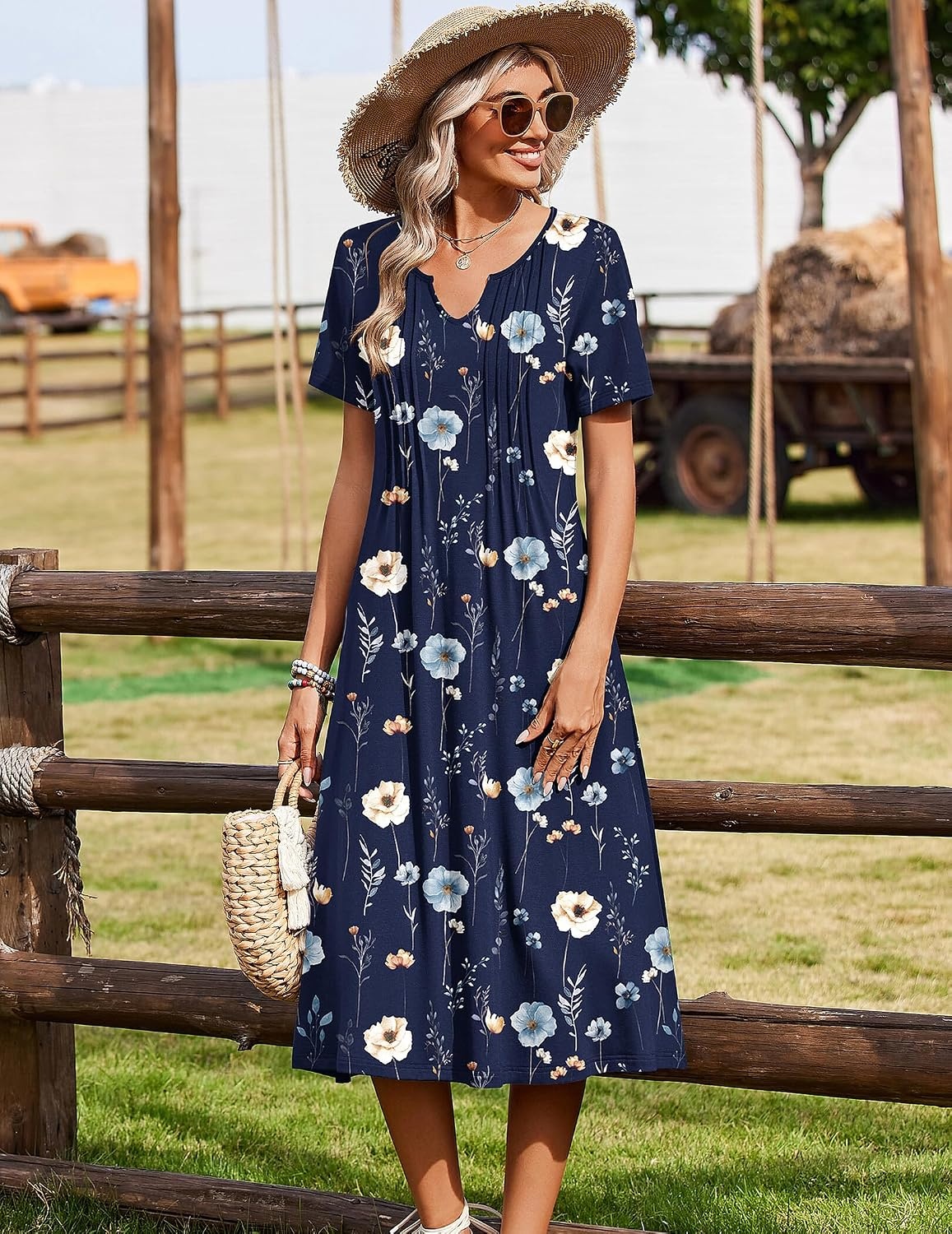 image:imageZeagoo Summer Dresses for Women 2026 Casual Short Sleeve Aline Midi Dress with Pocket Flowy Pleated Tshirt Beach SundressNavy Blue Print