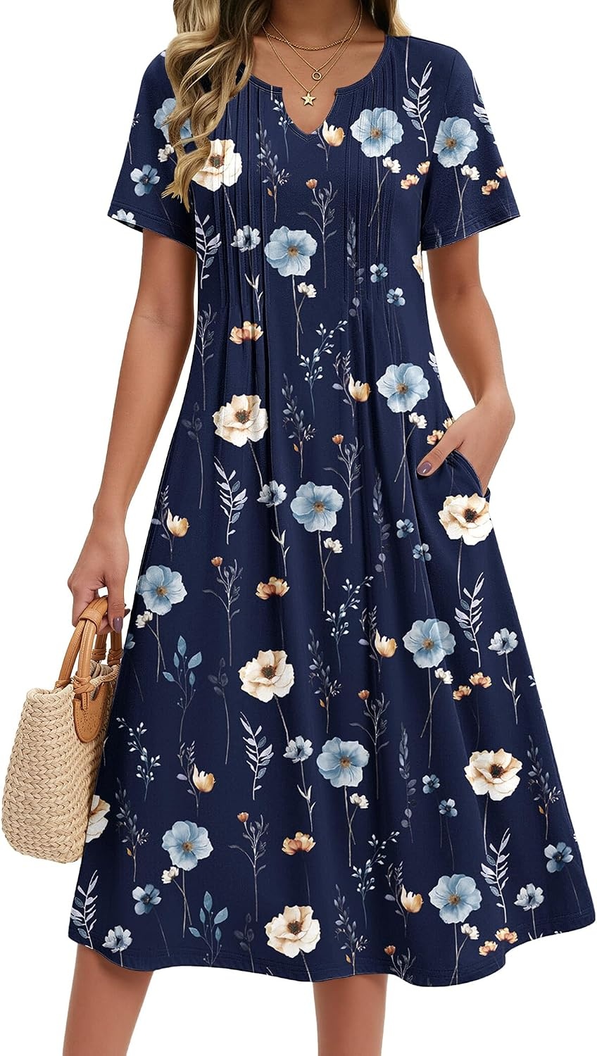 image:imageZeagoo Summer Dresses for Women 2026 Casual Short Sleeve Aline Midi Dress with Pocket Flowy Pleated Tshirt Beach SundressNavy Blue Print