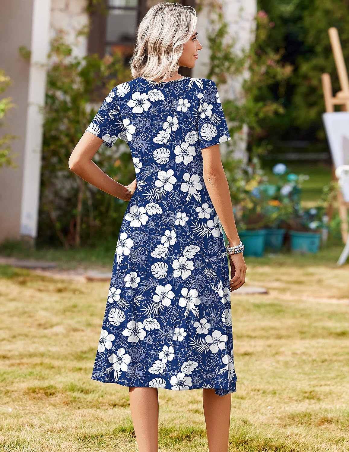 image:imageZeagoo Summer Dresses for Women 2026 Casual Short Sleeve Aline Midi Dress with Pocket Flowy Pleated Tshirt Beach SundressNavy Floral