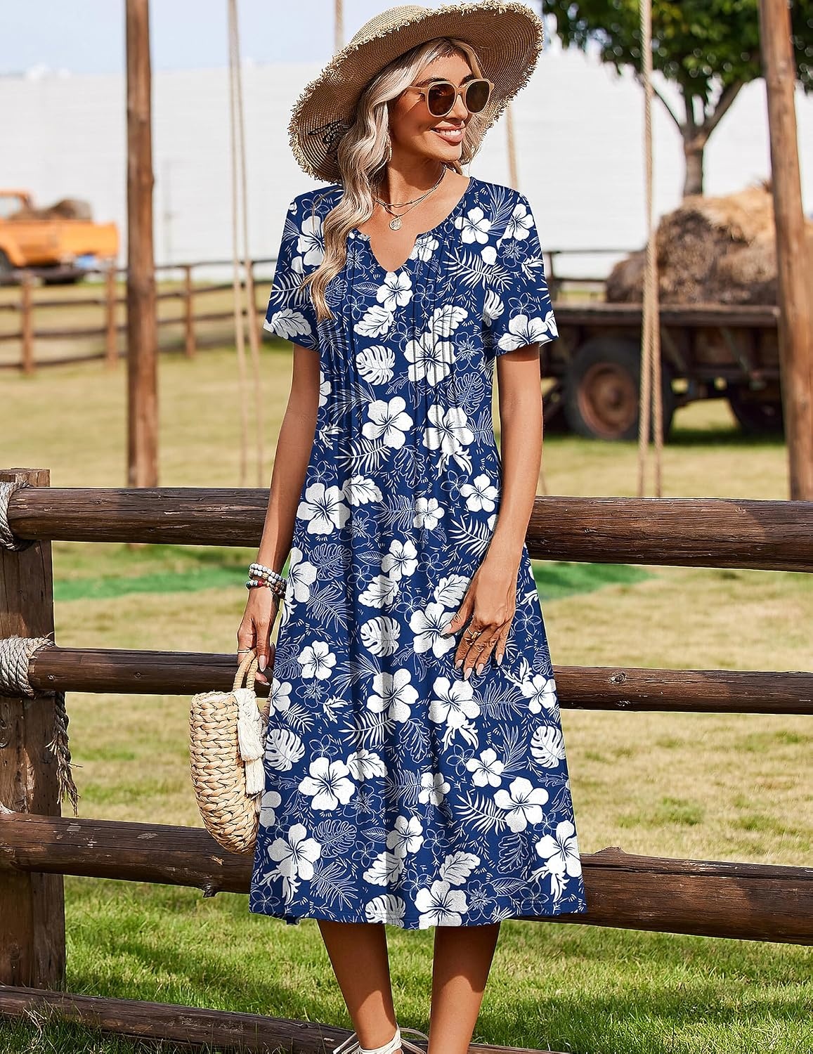 image:imageZeagoo Summer Dresses for Women 2026 Casual Short Sleeve Aline Midi Dress with Pocket Flowy Pleated Tshirt Beach SundressNavy Floral