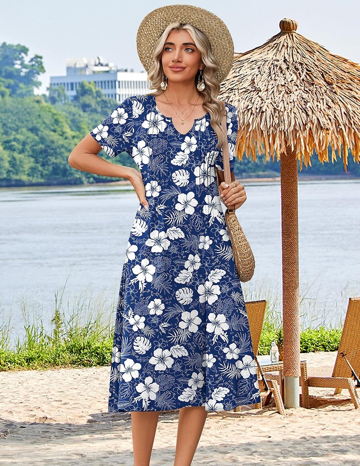 image:imageZeagoo Summer Dresses for Women 2026 Casual Short Sleeve Aline Midi Dress with Pocket Flowy Pleated Tshirt Beach SundressNavy Floral