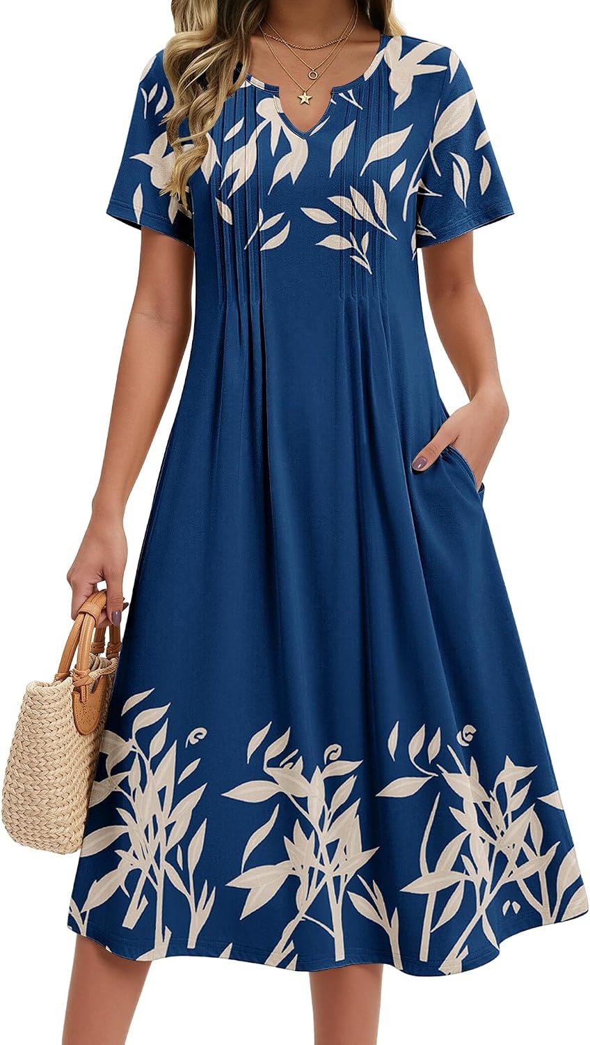 image:imageZeagoo Summer Dresses for Women 2026 Casual Short Sleeve Aline Midi Dress with Pocket Flowy Pleated Tshirt Beach SundressNavy Leaf Print