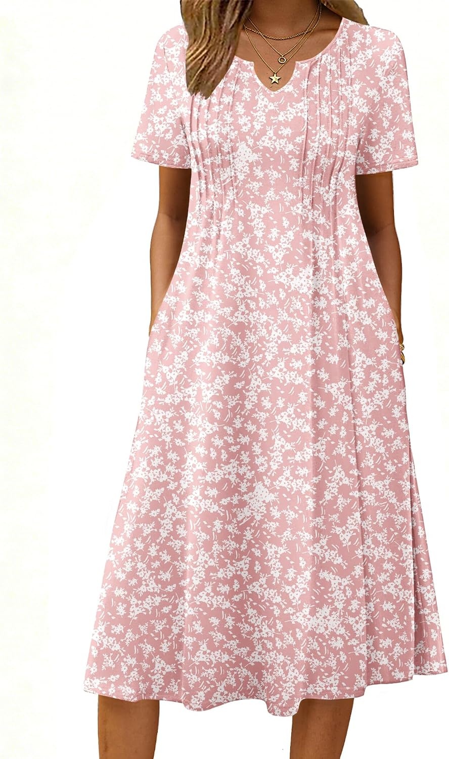 image:imageZeagoo Summer Dresses for Women 2026 Casual Short Sleeve Aline Midi Dress with Pocket Flowy Pleated Tshirt Beach SundressPink Floral