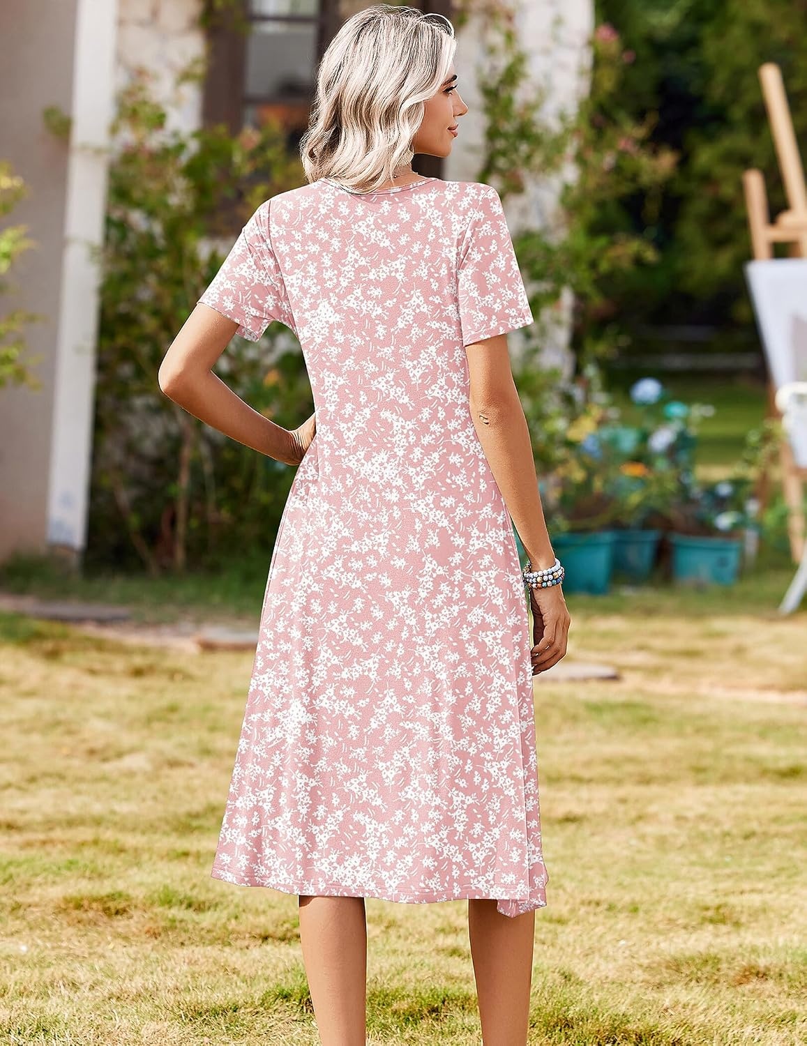 image:imageZeagoo Summer Dresses for Women 2026 Casual Short Sleeve Aline Midi Dress with Pocket Flowy Pleated Tshirt Beach SundressPink Floral