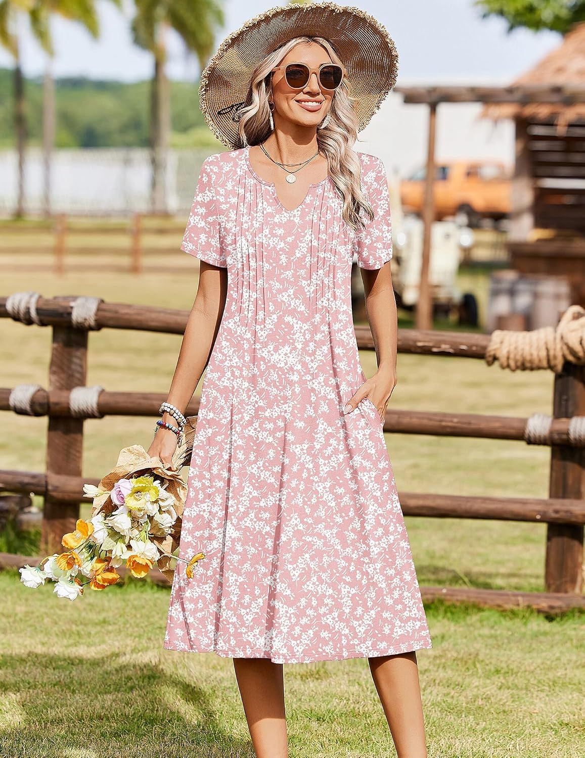 image:imageZeagoo Summer Dresses for Women 2026 Casual Short Sleeve Aline Midi Dress with Pocket Flowy Pleated Tshirt Beach SundressPink Floral