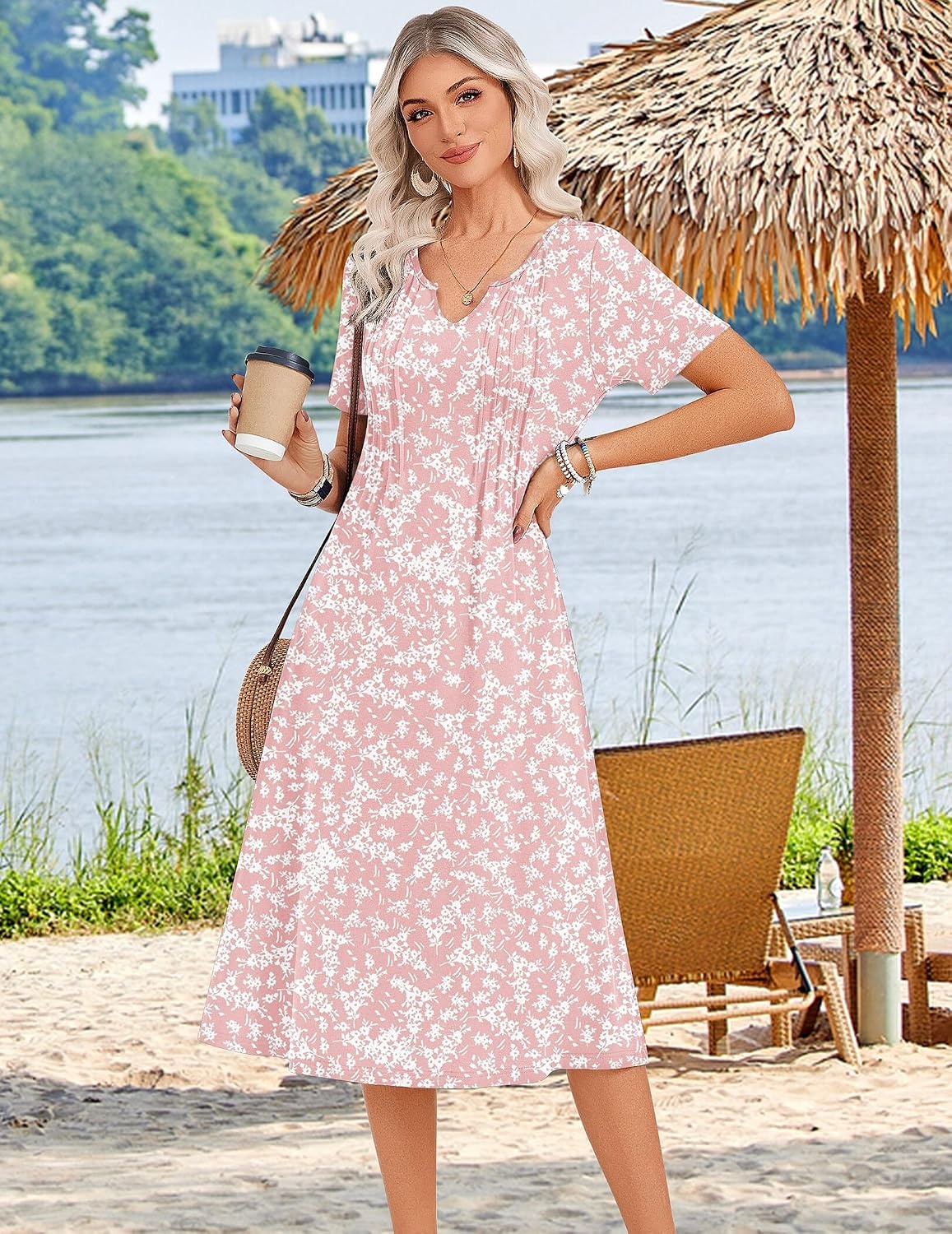 image:imageZeagoo Summer Dresses for Women 2026 Casual Short Sleeve Aline Midi Dress with Pocket Flowy Pleated Tshirt Beach SundressPink Floral