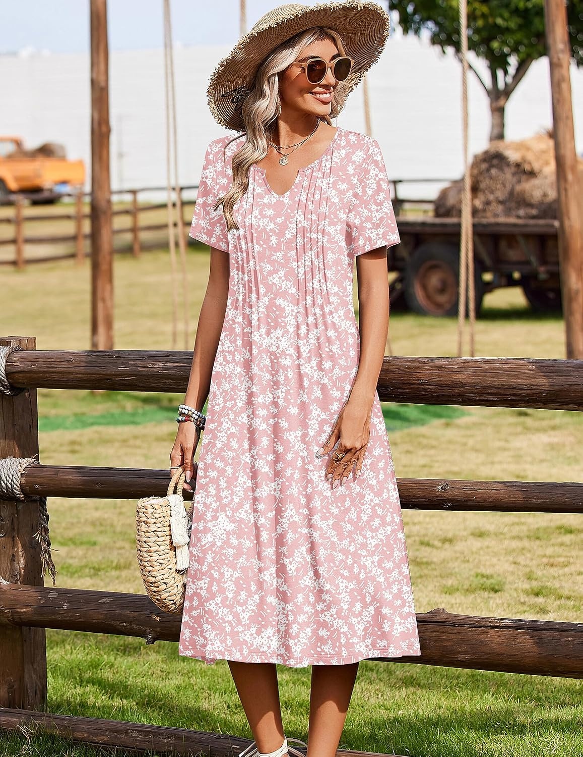 image:imageZeagoo Summer Dresses for Women 2026 Casual Short Sleeve Aline Midi Dress with Pocket Flowy Pleated Tshirt Beach SundressPink Floral