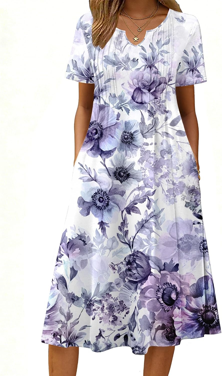 image:imageZeagoo Summer Dresses for Women 2026 Casual Short Sleeve Aline Midi Dress with Pocket Flowy Pleated Tshirt Beach SundressPurple
