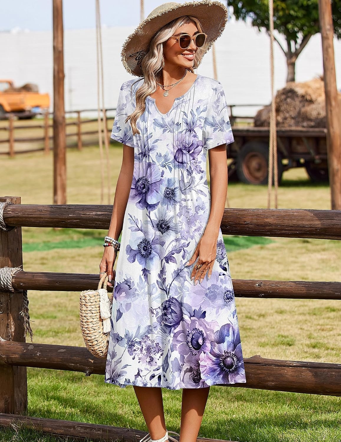 image:imageZeagoo Summer Dresses for Women 2026 Casual Short Sleeve Aline Midi Dress with Pocket Flowy Pleated Tshirt Beach SundressPurple