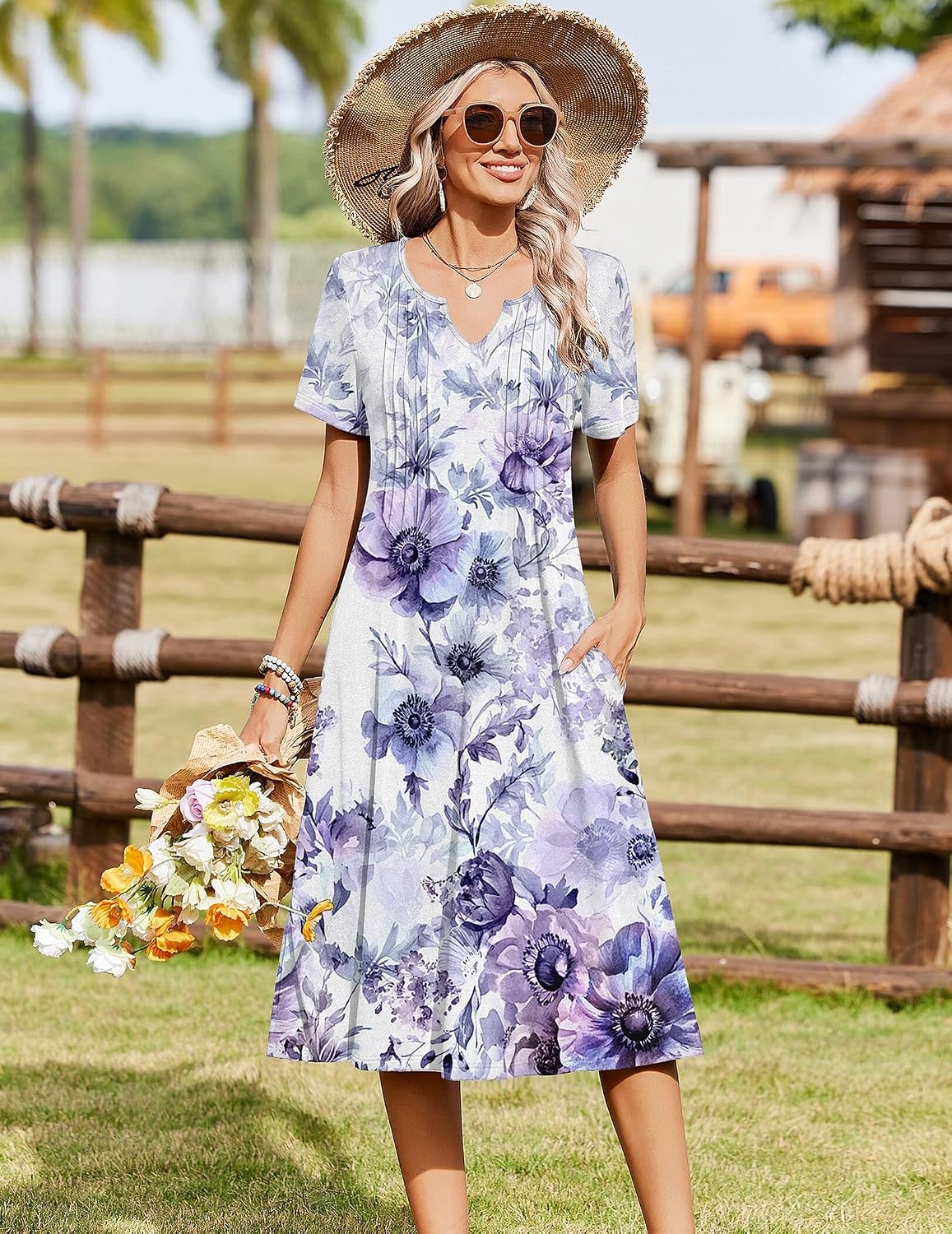 image:imageZeagoo Summer Dresses for Women 2026 Casual Short Sleeve Aline Midi Dress with Pocket Flowy Pleated Tshirt Beach SundressPurple