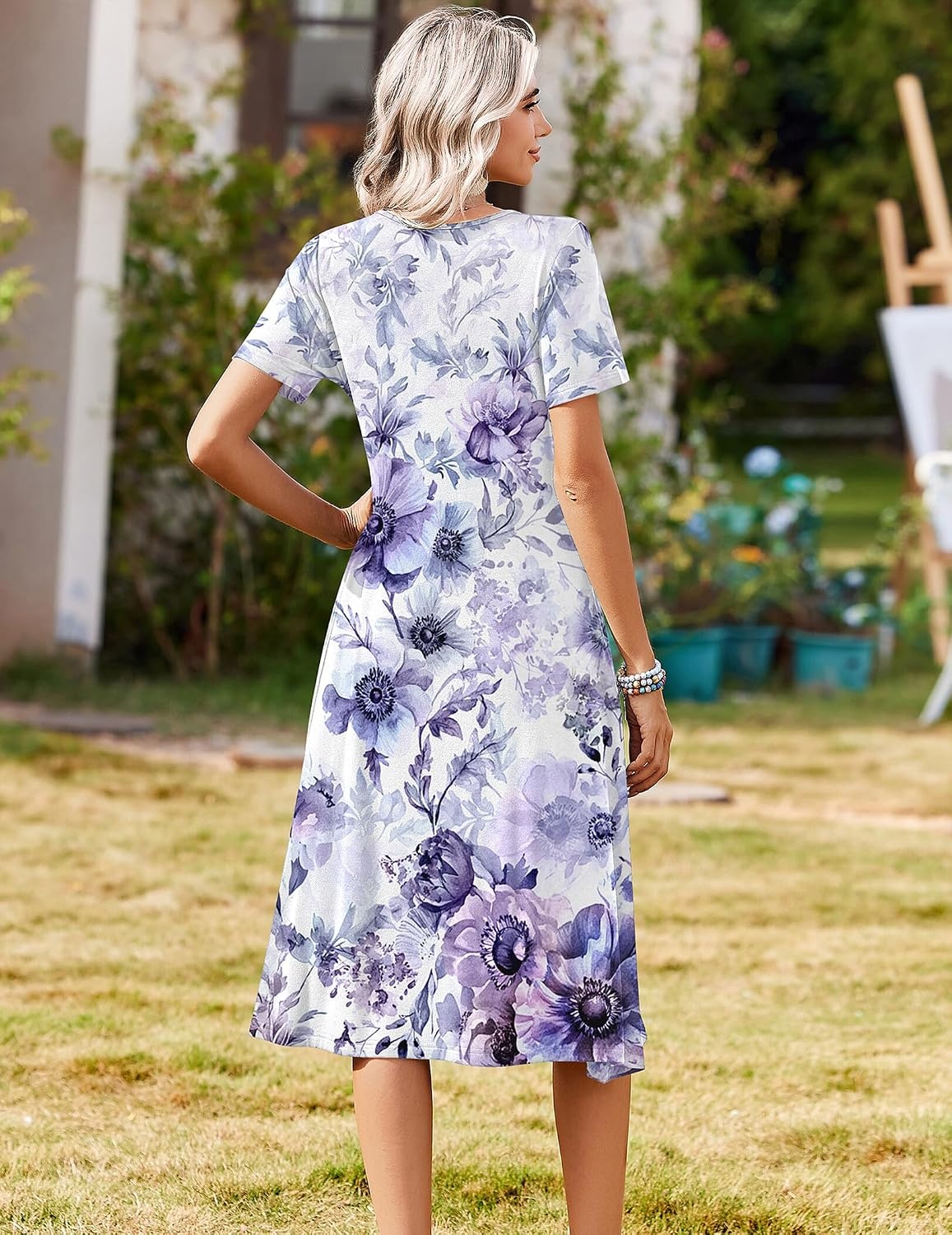 image:imageZeagoo Summer Dresses for Women 2026 Casual Short Sleeve Aline Midi Dress with Pocket Flowy Pleated Tshirt Beach SundressPurple