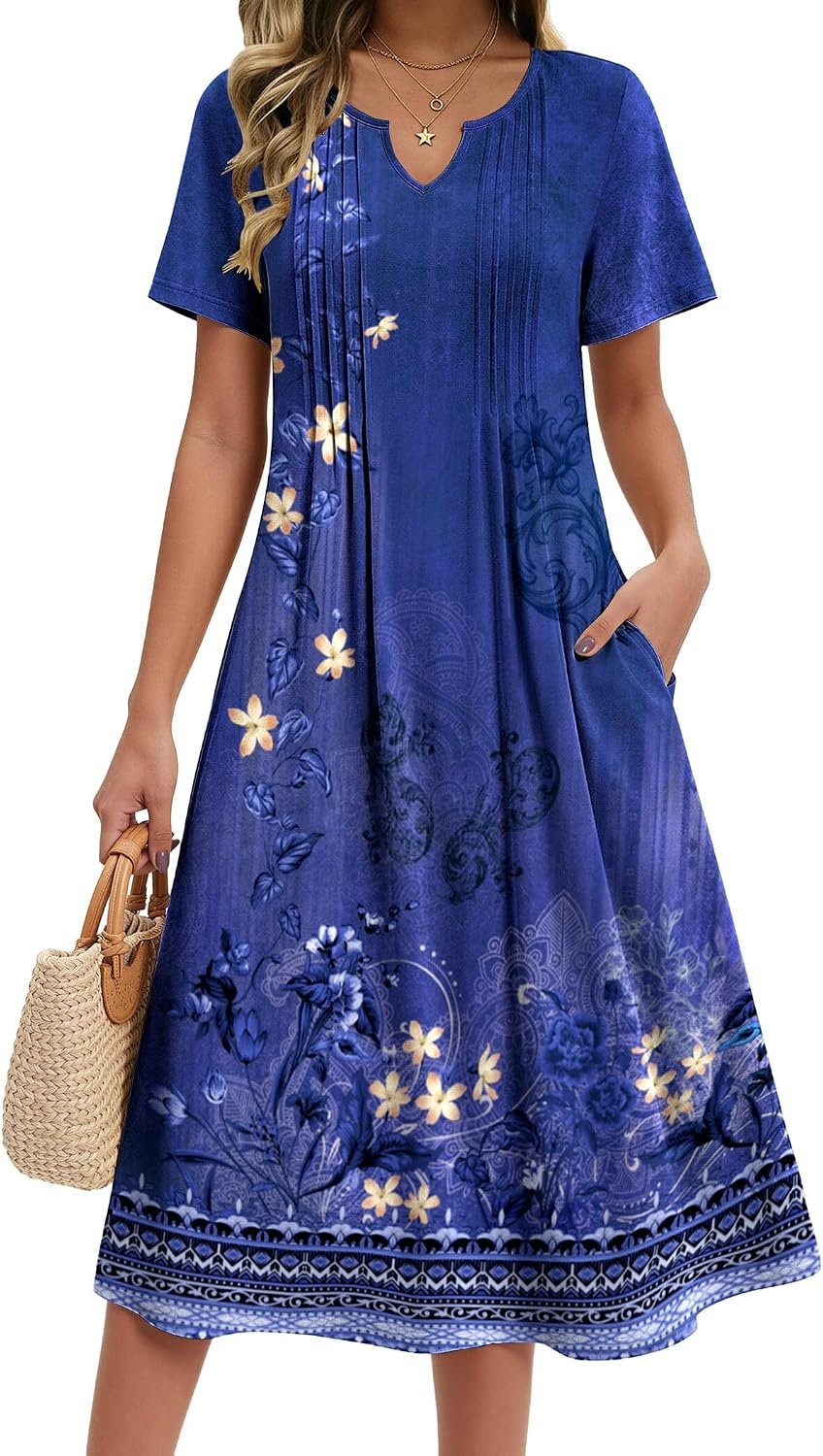image:imageZeagoo Summer Dresses for Women 2026 Casual Short Sleeve Aline Midi Dress with Pocket Flowy Pleated Tshirt Beach SundressPurple Ethnic Print