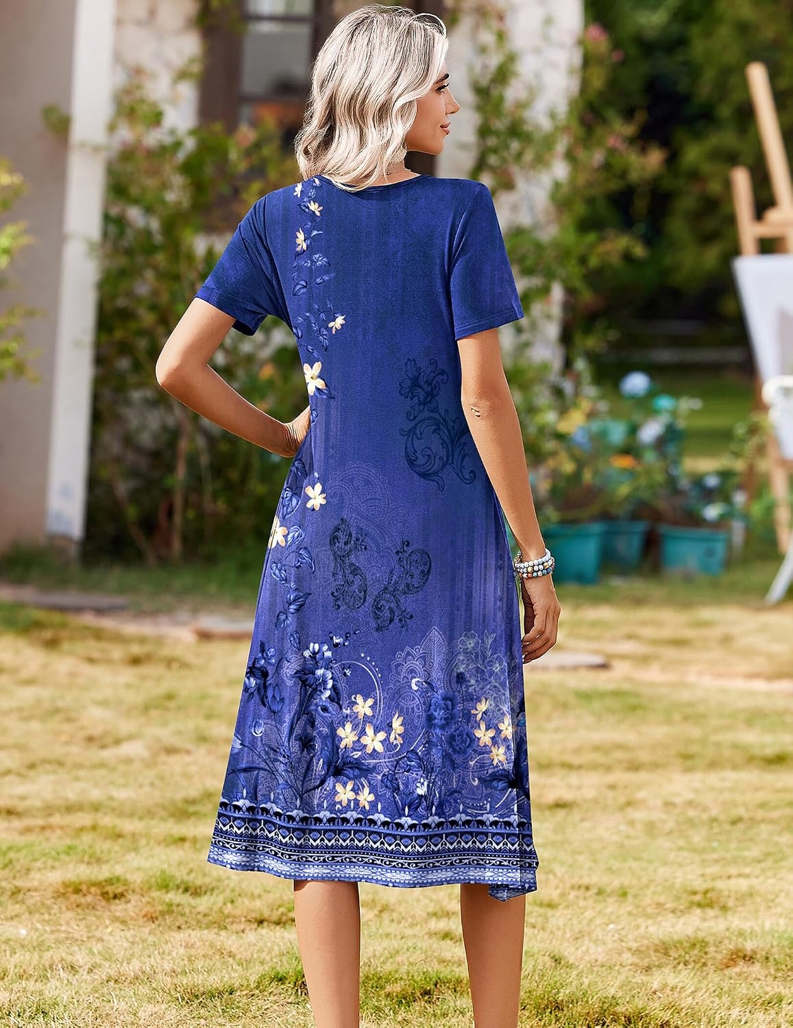 image:imageZeagoo Summer Dresses for Women 2026 Casual Short Sleeve Aline Midi Dress with Pocket Flowy Pleated Tshirt Beach SundressPurple Ethnic Print