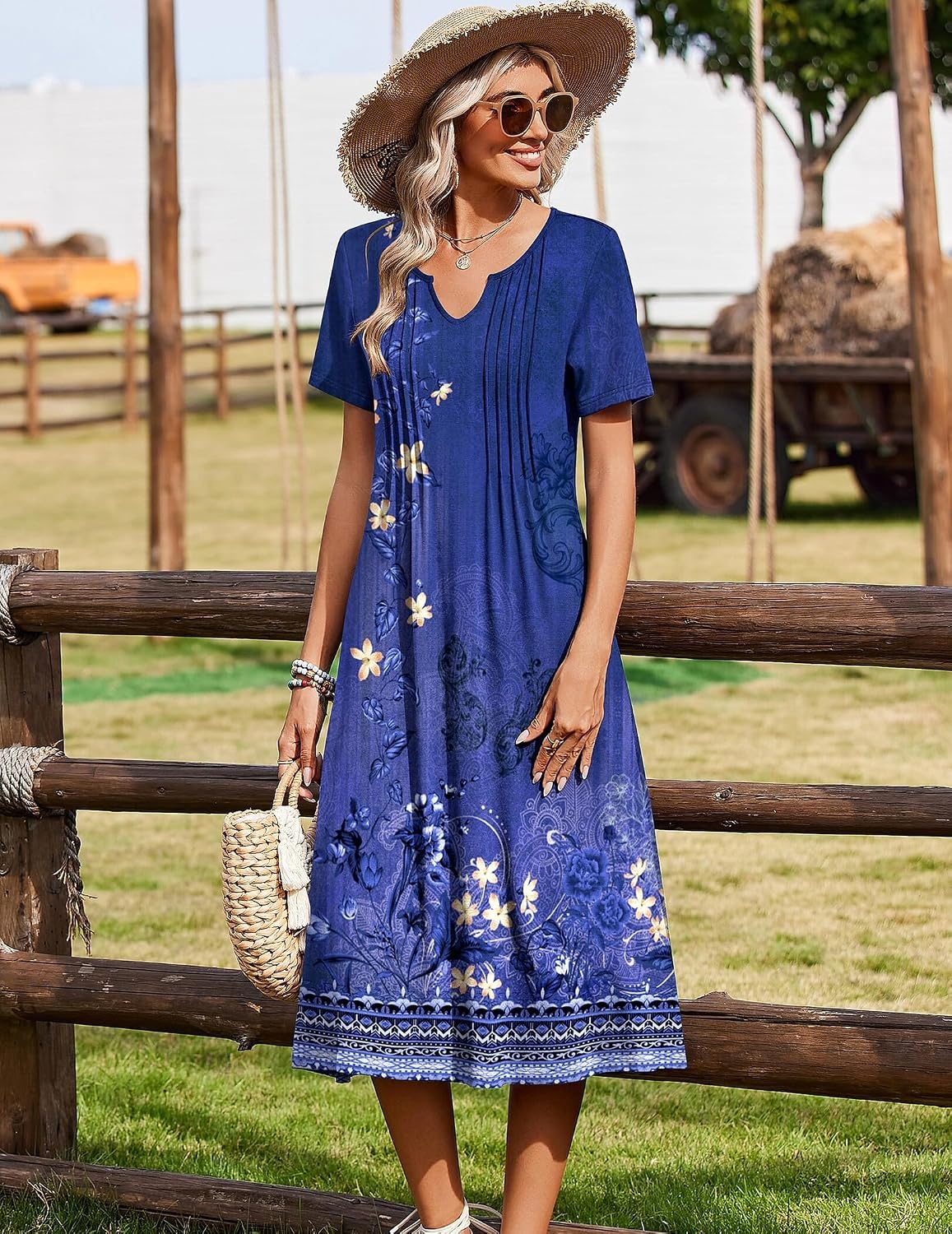 image:imageZeagoo Summer Dresses for Women 2026 Casual Short Sleeve Aline Midi Dress with Pocket Flowy Pleated Tshirt Beach SundressPurple Ethnic Print
