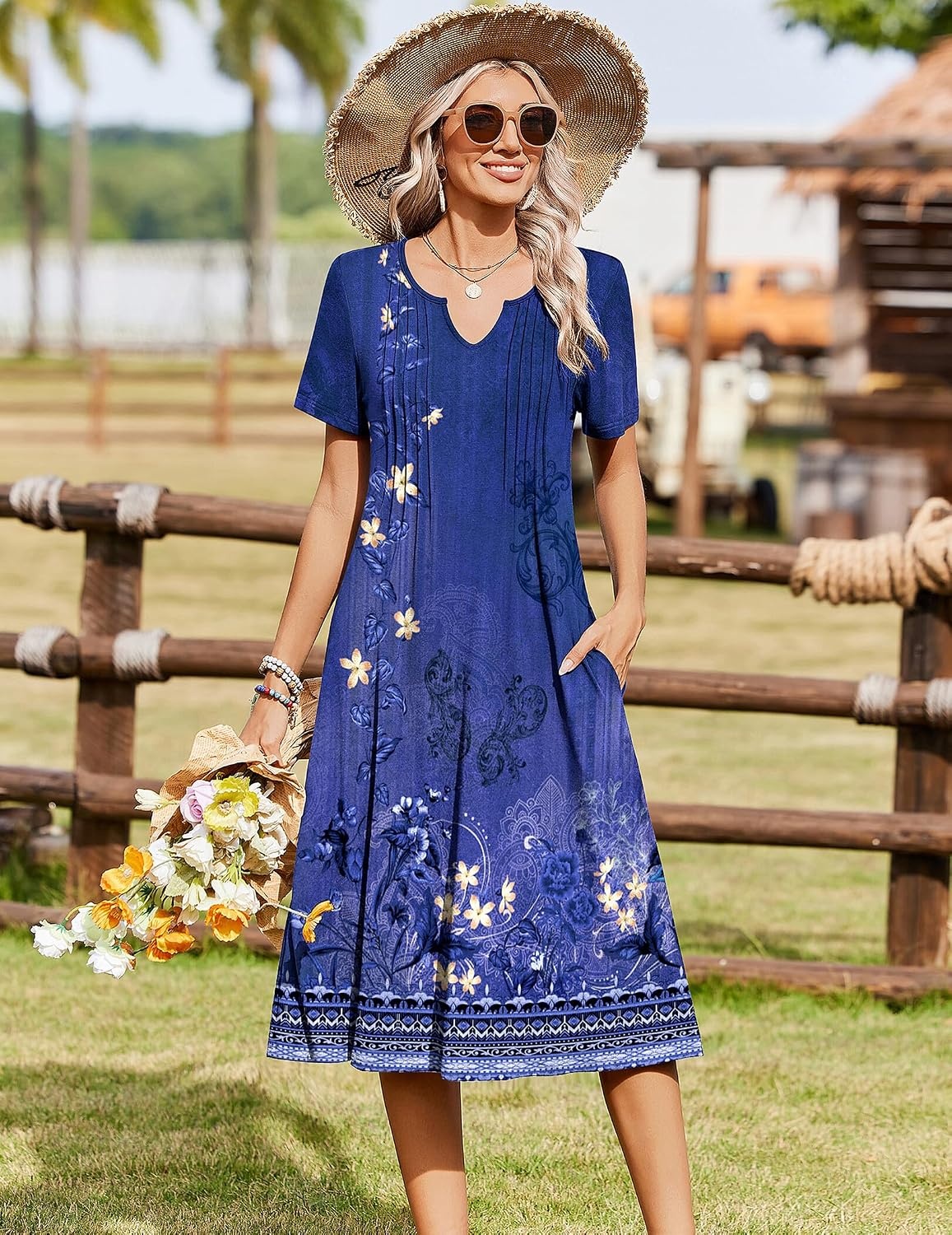 image:imageZeagoo Summer Dresses for Women 2026 Casual Short Sleeve Aline Midi Dress with Pocket Flowy Pleated Tshirt Beach SundressPurple Ethnic Print