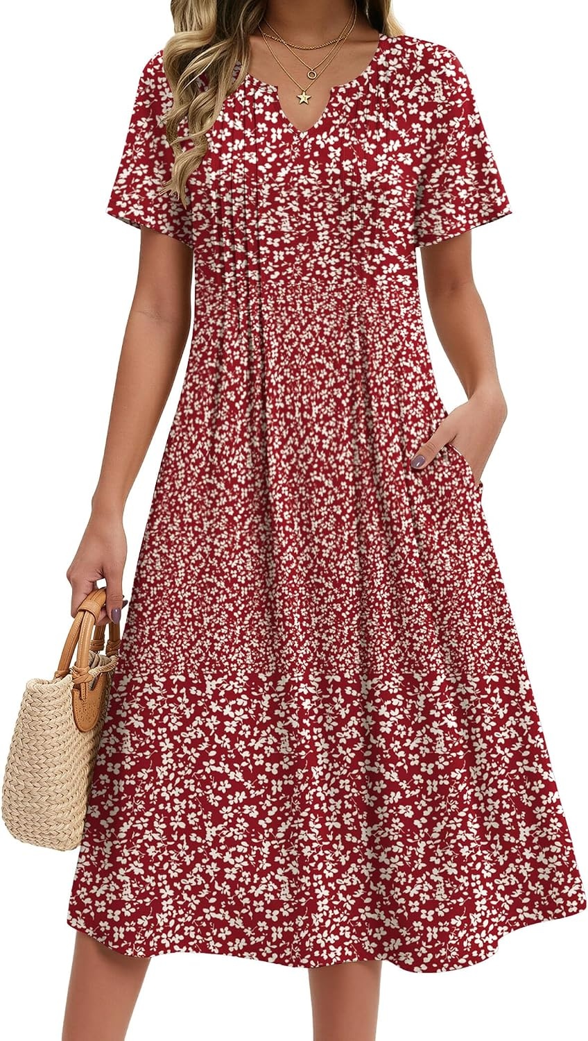 image:imageZeagoo Summer Dresses for Women 2026 Casual Short Sleeve Aline Midi Dress with Pocket Flowy Pleated Tshirt Beach SundressRed Floral