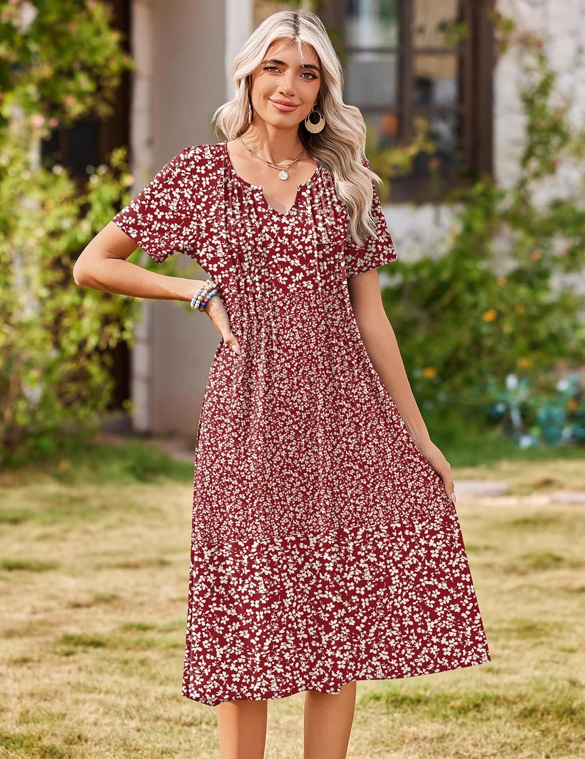 image:imageZeagoo Summer Dresses for Women 2026 Casual Short Sleeve Aline Midi Dress with Pocket Flowy Pleated Tshirt Beach SundressRed Floral