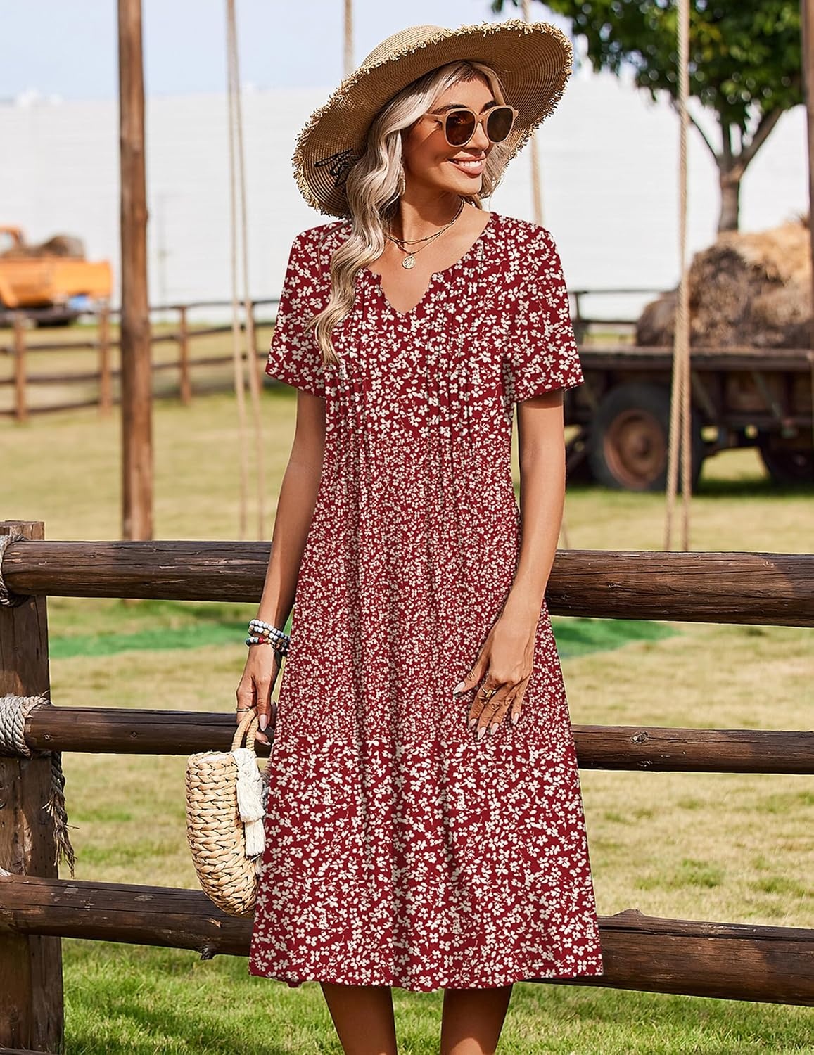 image:imageZeagoo Summer Dresses for Women 2026 Casual Short Sleeve Aline Midi Dress with Pocket Flowy Pleated Tshirt Beach SundressRed Floral