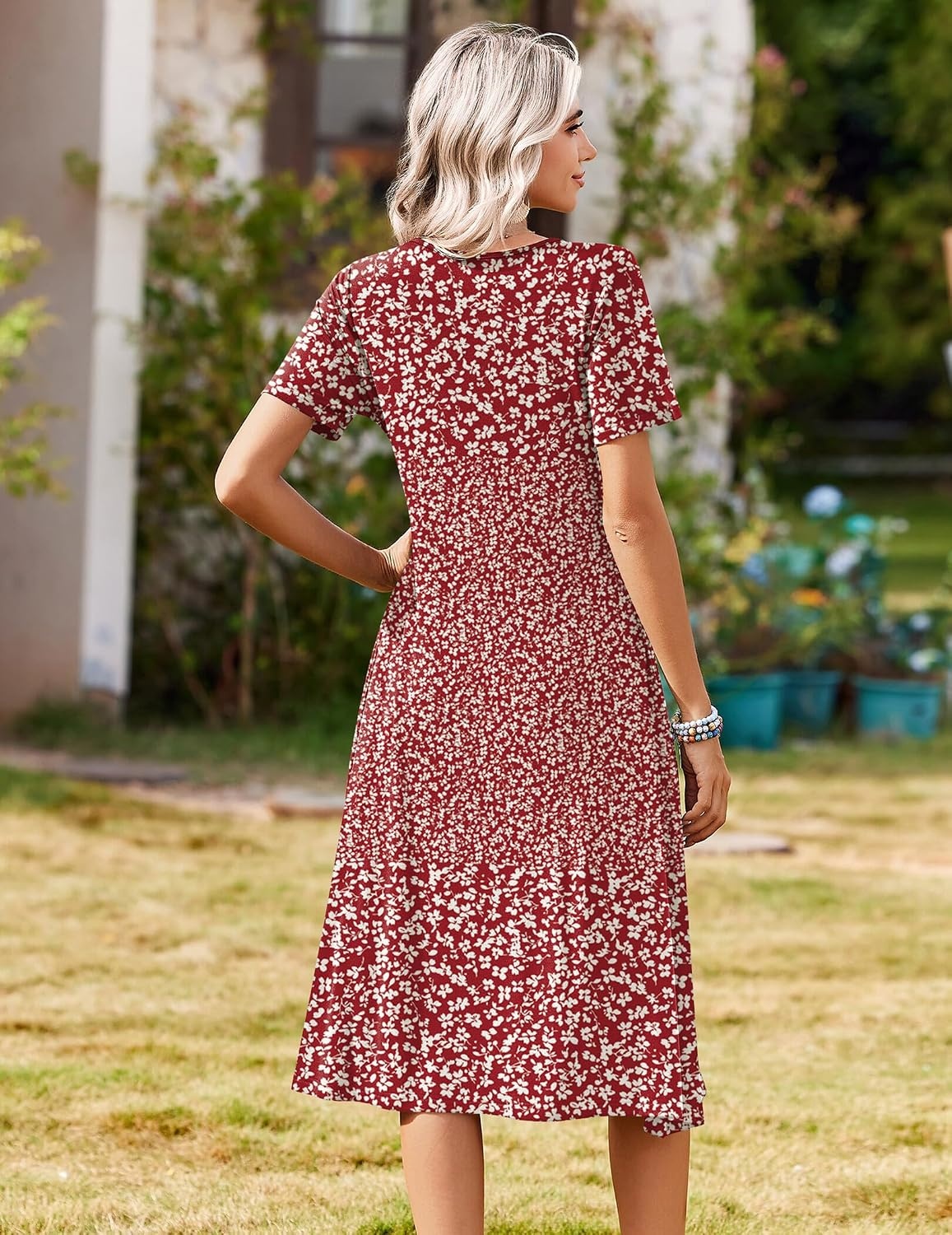 image:imageZeagoo Summer Dresses for Women 2026 Casual Short Sleeve Aline Midi Dress with Pocket Flowy Pleated Tshirt Beach SundressRed Floral