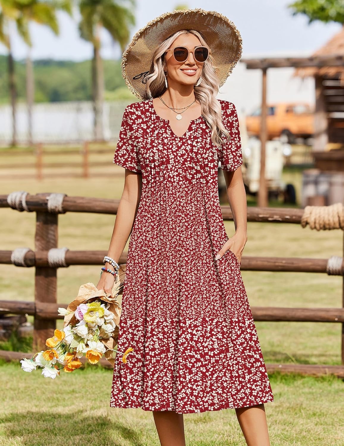 image:imageZeagoo Summer Dresses for Women 2026 Casual Short Sleeve Aline Midi Dress with Pocket Flowy Pleated Tshirt Beach SundressRed Floral