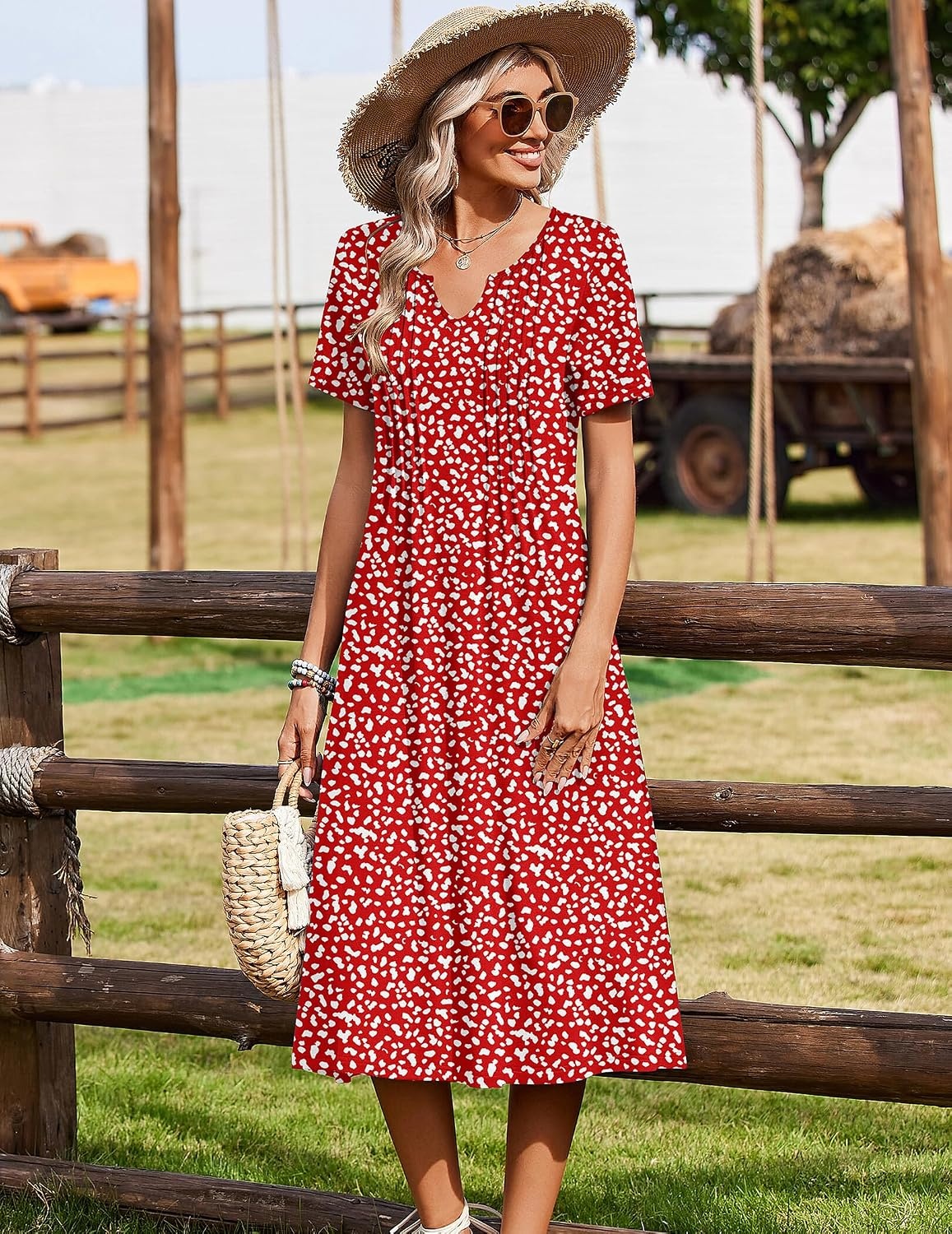 image:imageZeagoo Summer Dresses for Women 2026 Casual Short Sleeve Aline Midi Dress with Pocket Flowy Pleated Tshirt Beach SundressRed Round Dot Print