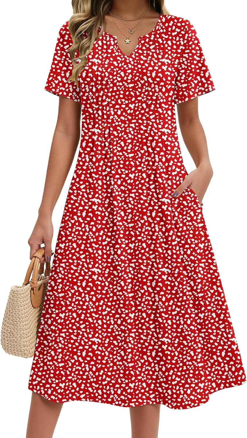 image:imageZeagoo Summer Dresses for Women 2026 Casual Short Sleeve Aline Midi Dress with Pocket Flowy Pleated Tshirt Beach SundressRed Round Dot Print