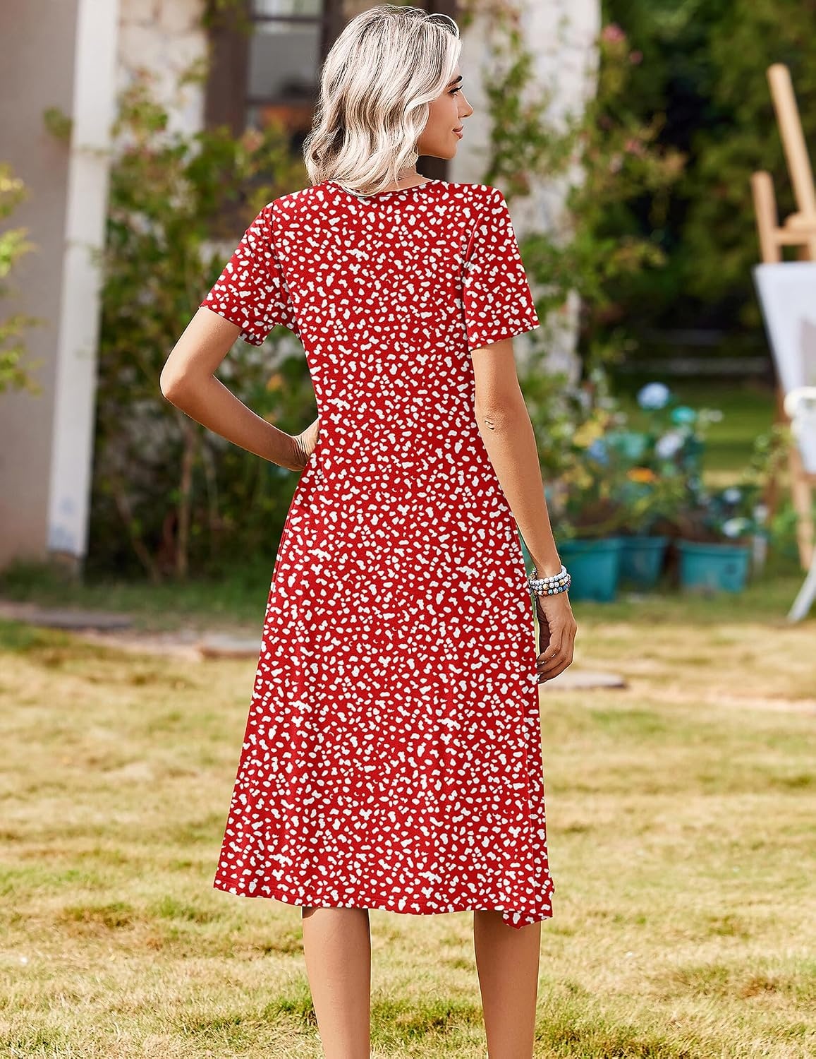 image:imageZeagoo Summer Dresses for Women 2026 Casual Short Sleeve Aline Midi Dress with Pocket Flowy Pleated Tshirt Beach SundressRed Round Dot Print