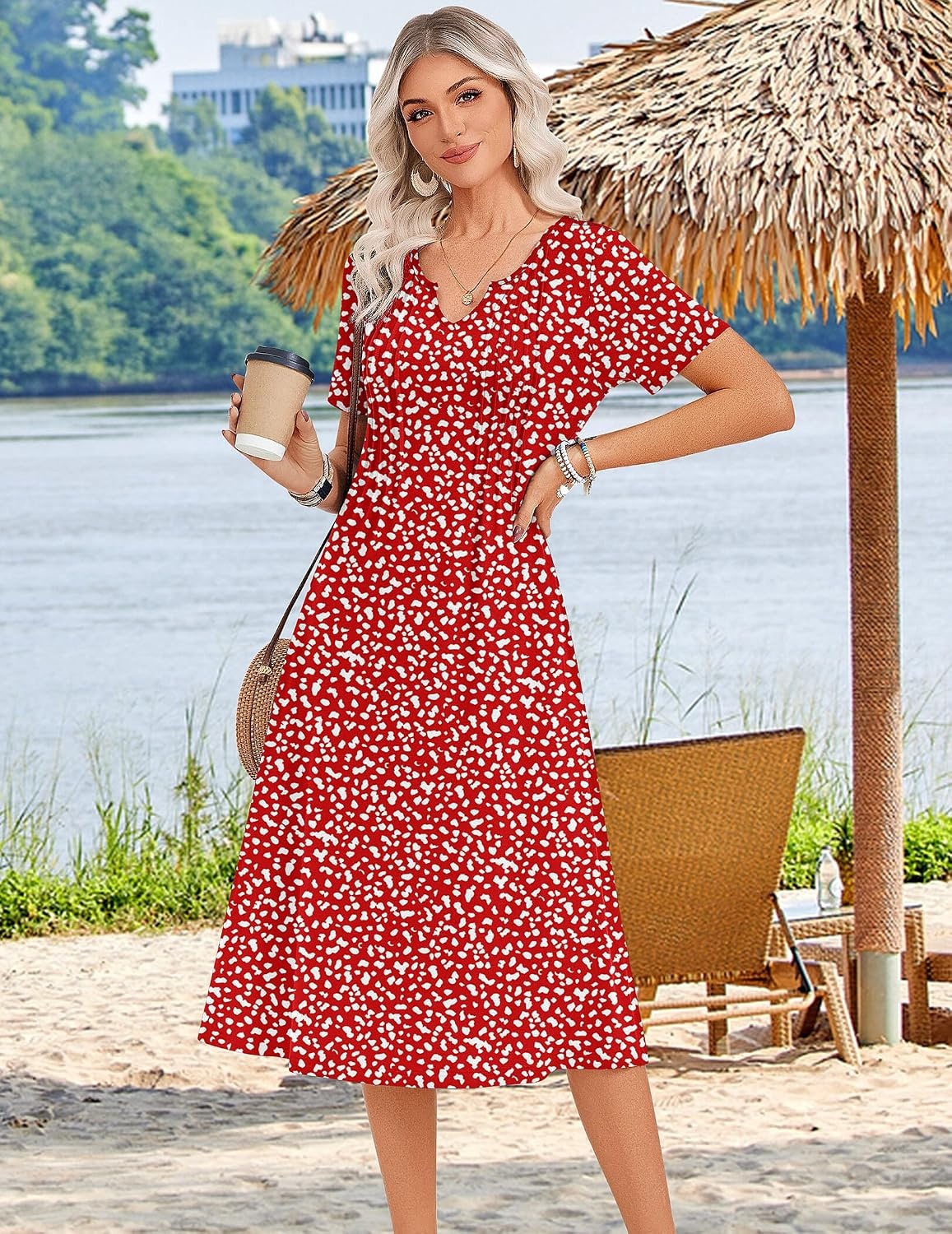image:imageZeagoo Summer Dresses for Women 2026 Casual Short Sleeve Aline Midi Dress with Pocket Flowy Pleated Tshirt Beach SundressRed Round Dot Print