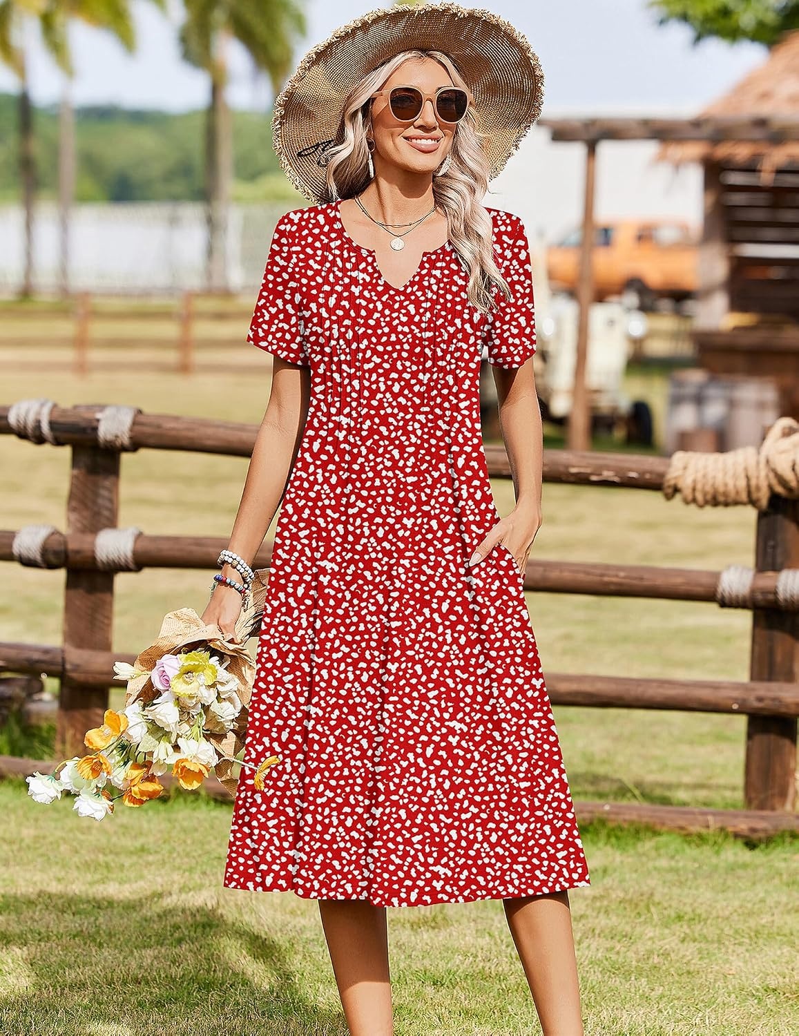 image:imageZeagoo Summer Dresses for Women 2026 Casual Short Sleeve Aline Midi Dress with Pocket Flowy Pleated Tshirt Beach SundressRed Round Dot Print