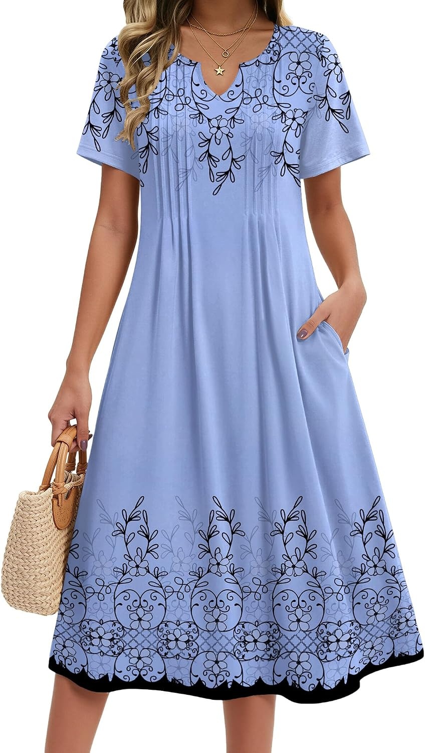 image:imageZeagoo Summer Dresses for Women 2026 Casual Short Sleeve Aline Midi Dress with Pocket Flowy Pleated Tshirt Beach SundressSf166