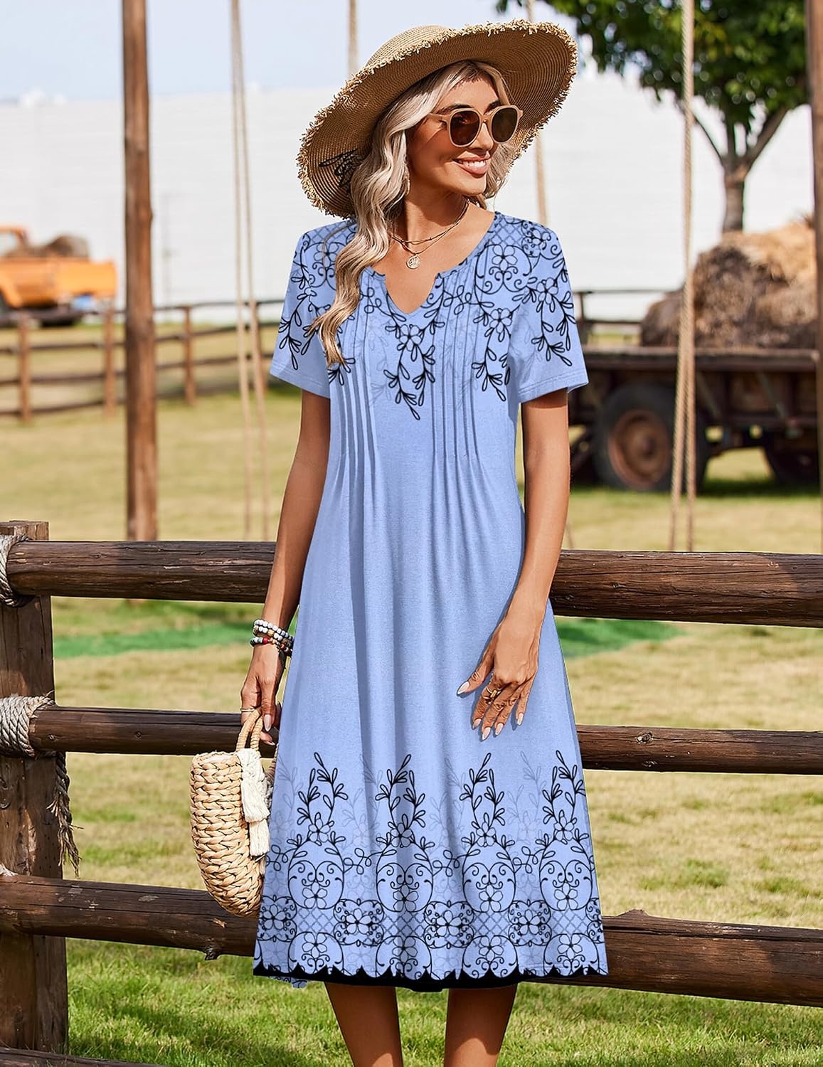 image:imageZeagoo Summer Dresses for Women 2026 Casual Short Sleeve Aline Midi Dress with Pocket Flowy Pleated Tshirt Beach SundressSf166